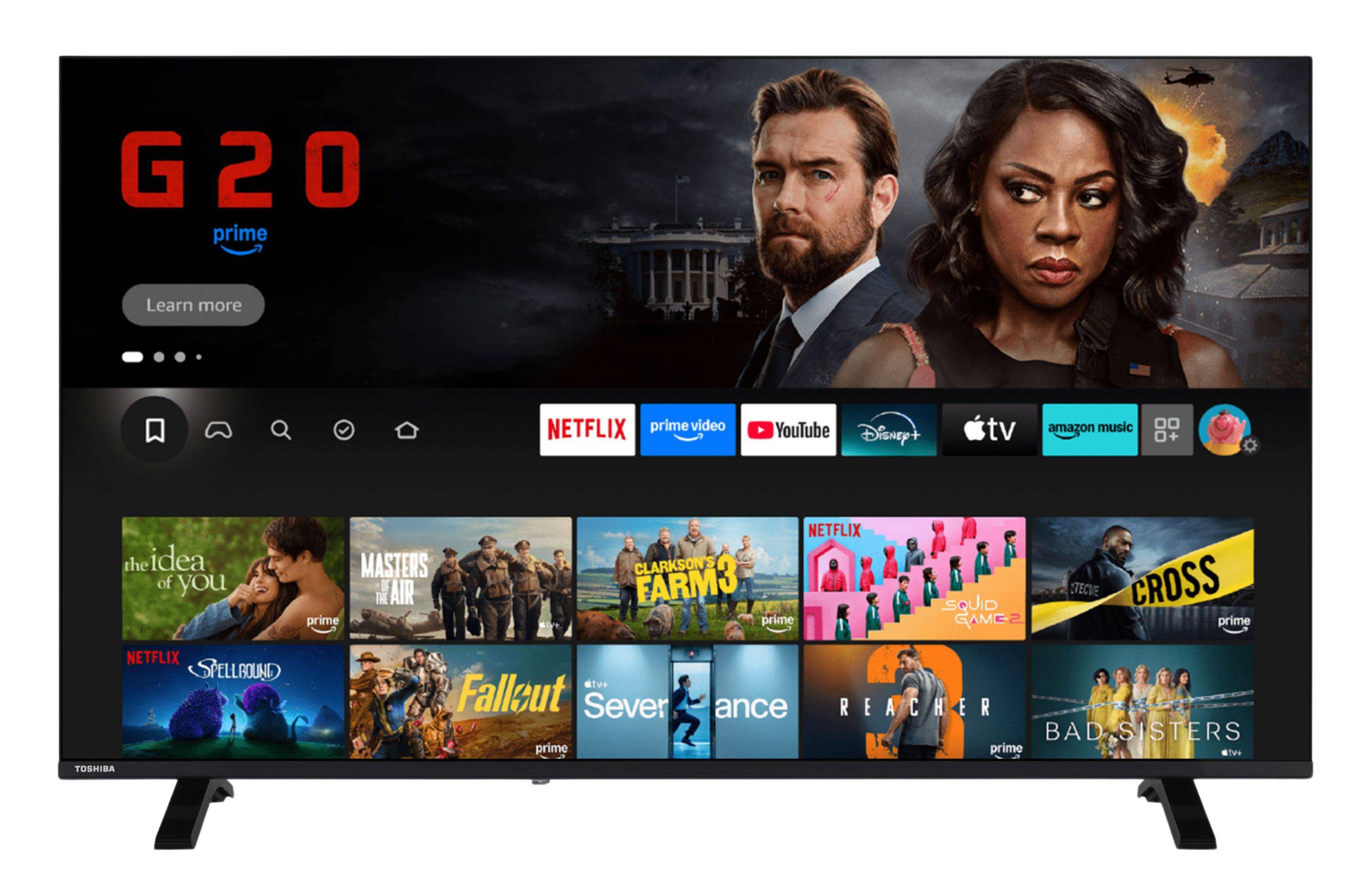Fernseh-Startbildschirm mit dem Film G20 auf Prime Video hervorgehoben, mit einer Schaltfläche "Weitere Informationen"" und Reihen von Streaming-App-Kacheln darunter.