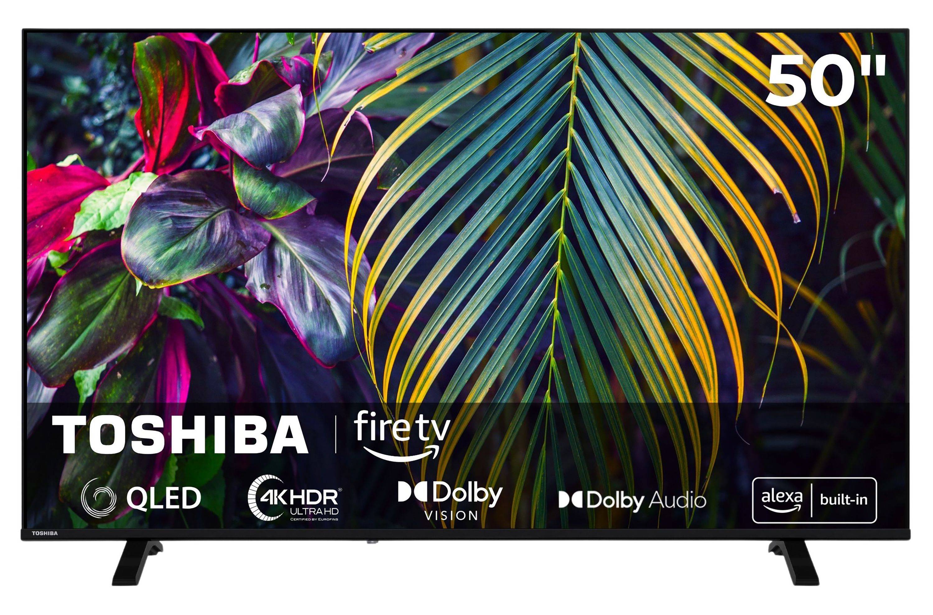 Toshiba 50-Zoll Fire TV QLED-Fernseher mit bunten tropischen Blättern, mit eingebautem Alexa, 4K HDR, Dolby Vision und Dolby Audio Logos.