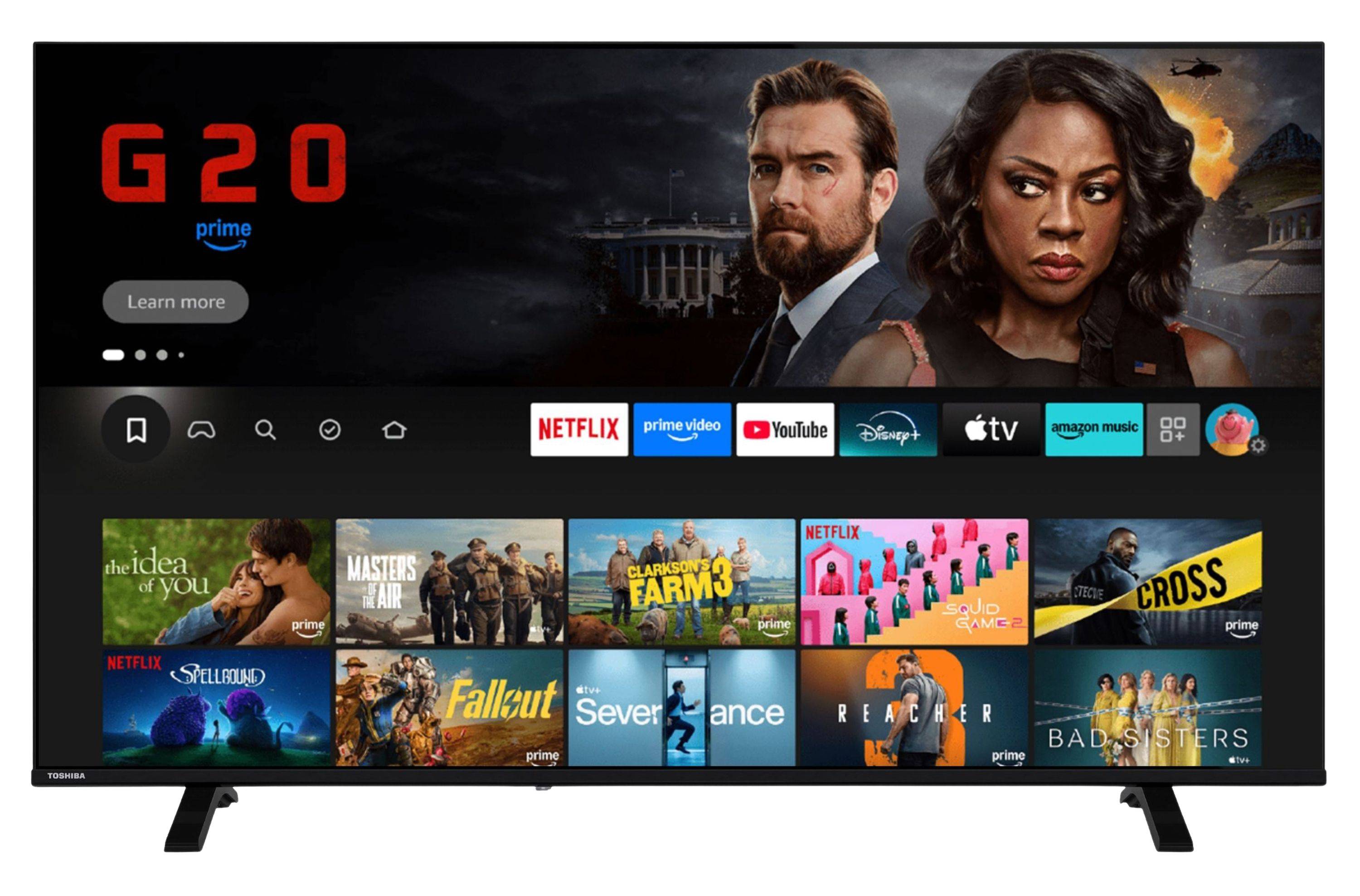 Amazon Fire TV-Startbildschirm mit dem „G20" Prime Video-Hero-Banner, einer Reihe von App-Verknüpfungen und Reihen von Streaming-Miniaturbildern darunter.