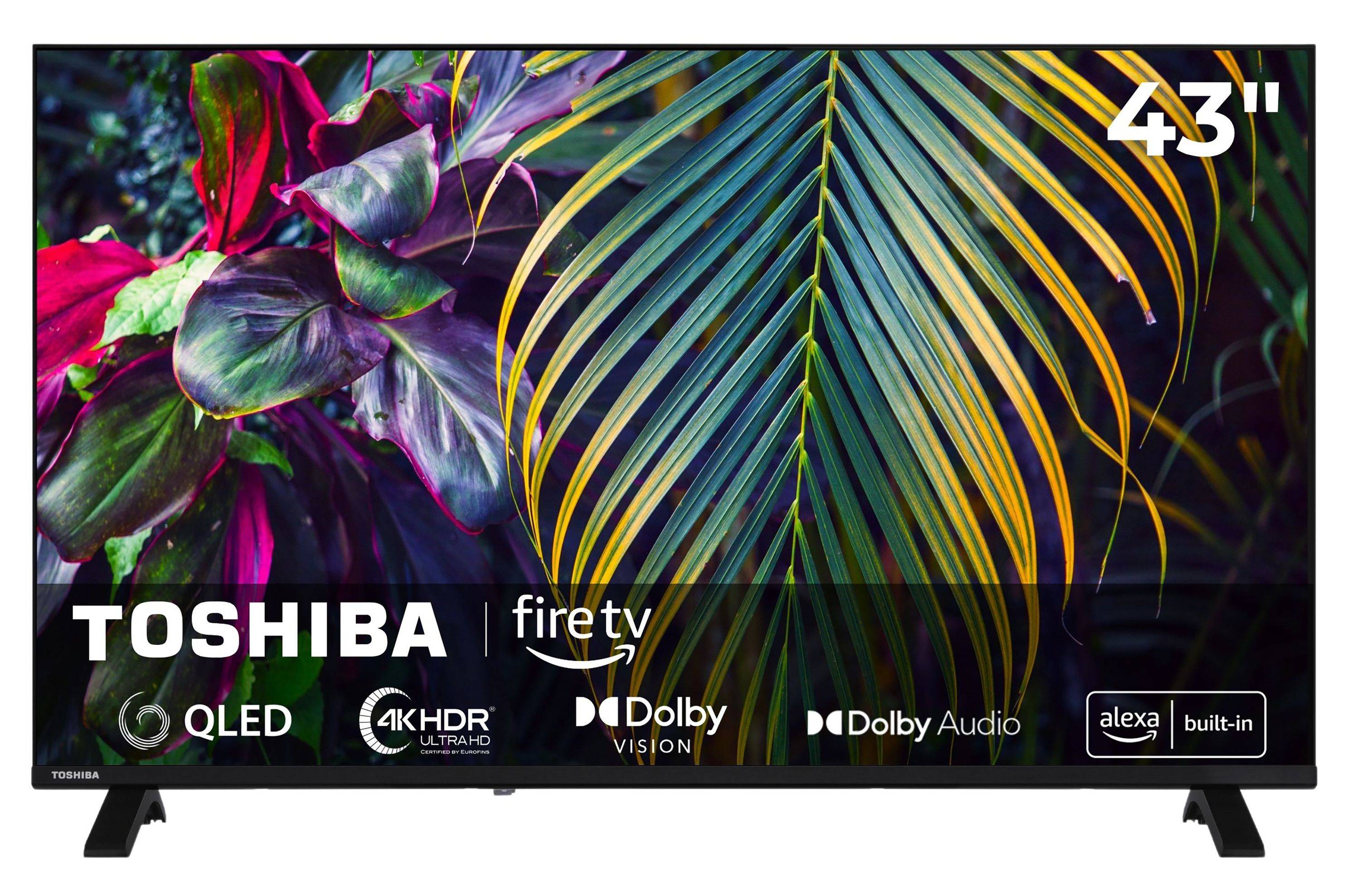 Toshiba 43-Zoll-Fire-TV-QLED-Fernseher mit tropischem Blattdisplay, 4K HDR, Dolby Vision, Dolby Audio und integriertem Alexa-Logo.