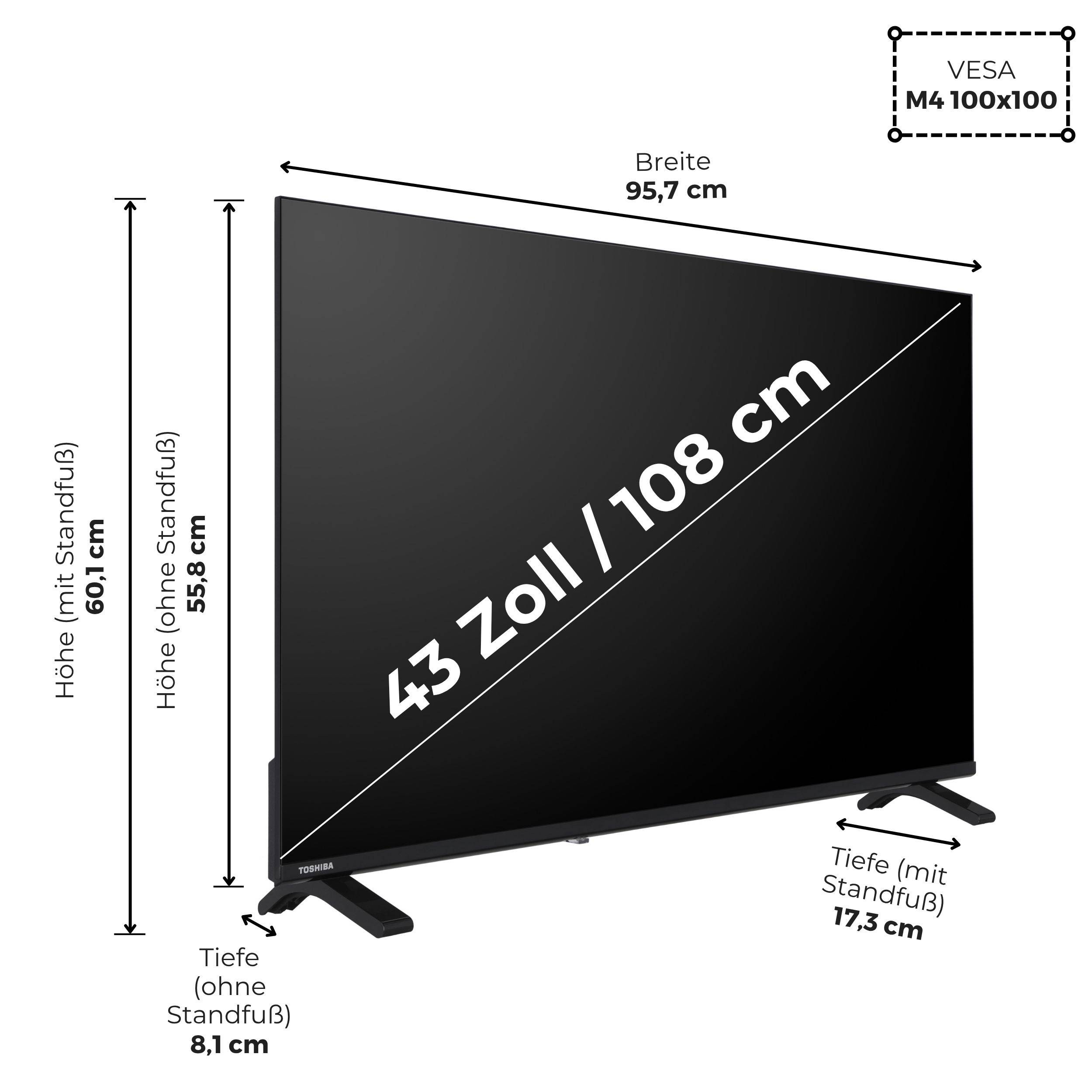Diagramm eines 43-Zoll-Fernsehers mit Abmessungen: 95,7 cm breit, 60,1 cm hoch mit Ständer, 55,8 cm ohne Ständer, 17,3 cm tief mit Ständer, 8,1 cm tief ohne Ständer; VESA M4 100x100.