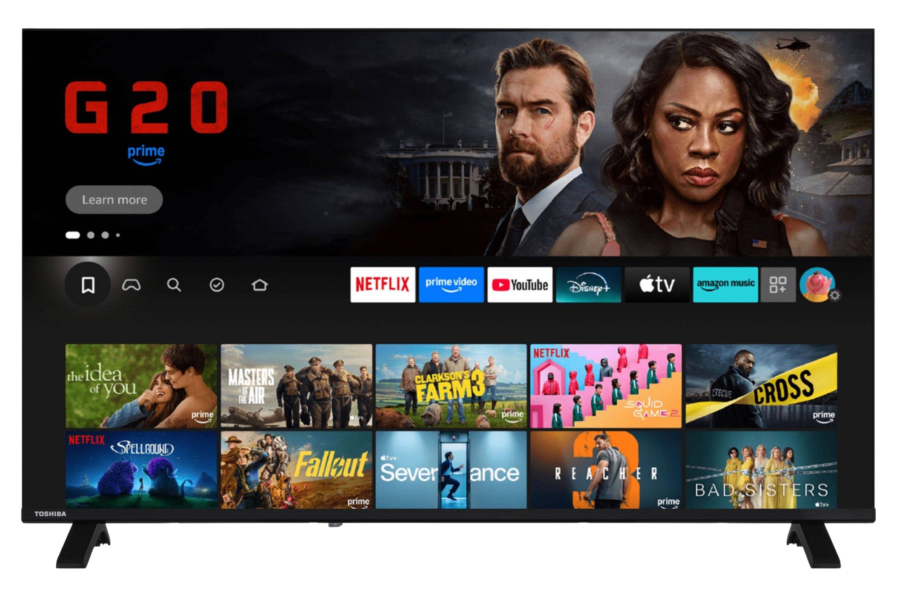 Smart-TV-Startseite mit dem Banner 'G20' von Prime Video, einer Schaltfläche 'Weitere Informationen', App-Symbolen und Reihen von Streaming-Show-Miniaturansichten.