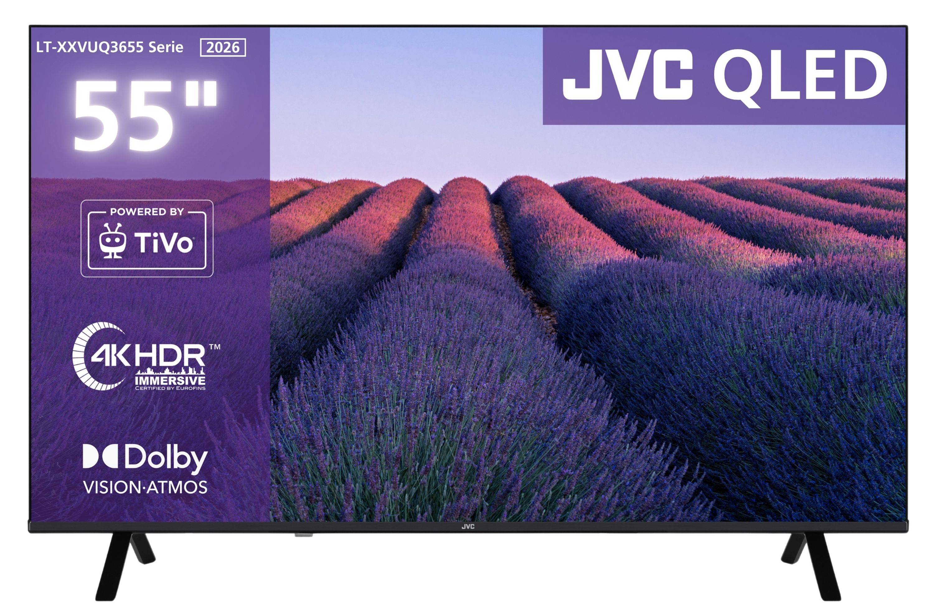 JVC 55-Zoll-QLED-Fernseher mit 4K HDR, Dolby Vision Atmos und TiVo-Logos, auf einem Ständer mit einem Lavendelfeld-Bild auf dem Display.