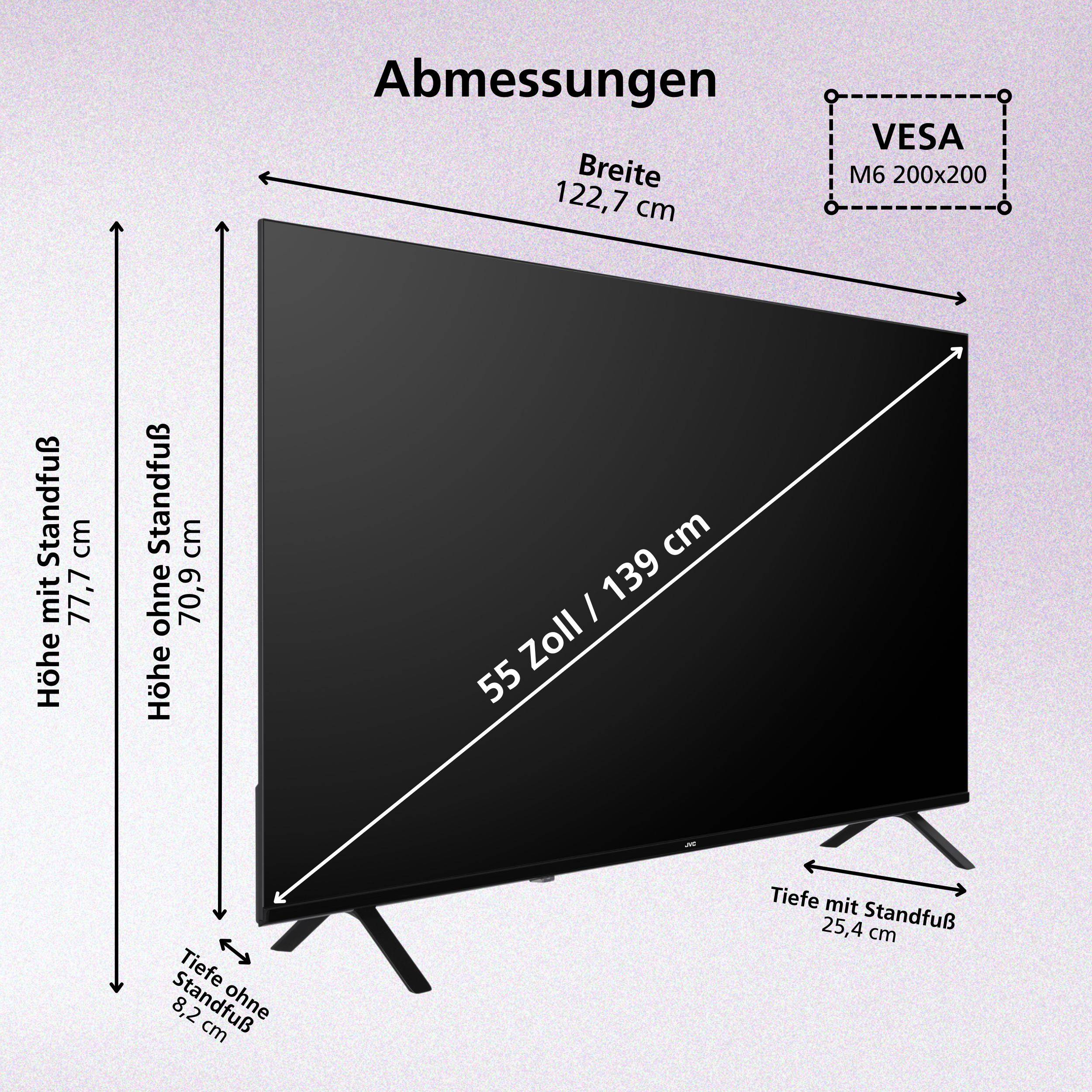 Abmessungsdiagramm eines 55-Zoll-Fernsehers mit Standfuß: Breite 122,7 cm, Höhe 77,7 cm mit Standfuß oder 70,9 cm ohne, VESA M6 200x200, Standfußtiefe 25,4 cm.