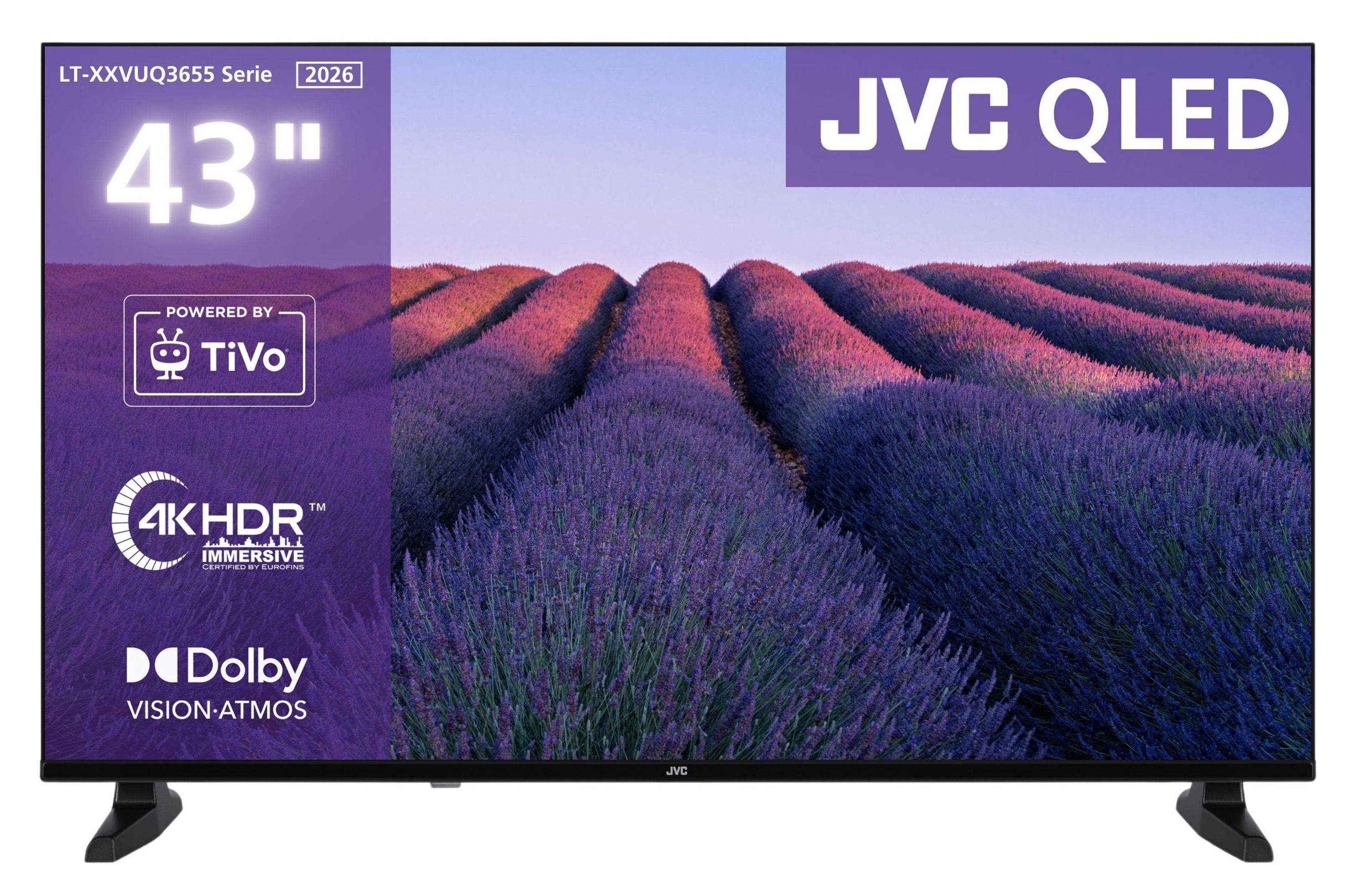 JVC QLED 43-Zoll-Fernseher mit einer Lavendelfeld-Szene, mit Beschriftungen für die 2026 LT-XXVQ3655 Serie, TiVo, 4K HDR Immersive und Dolby Vision Atmos.