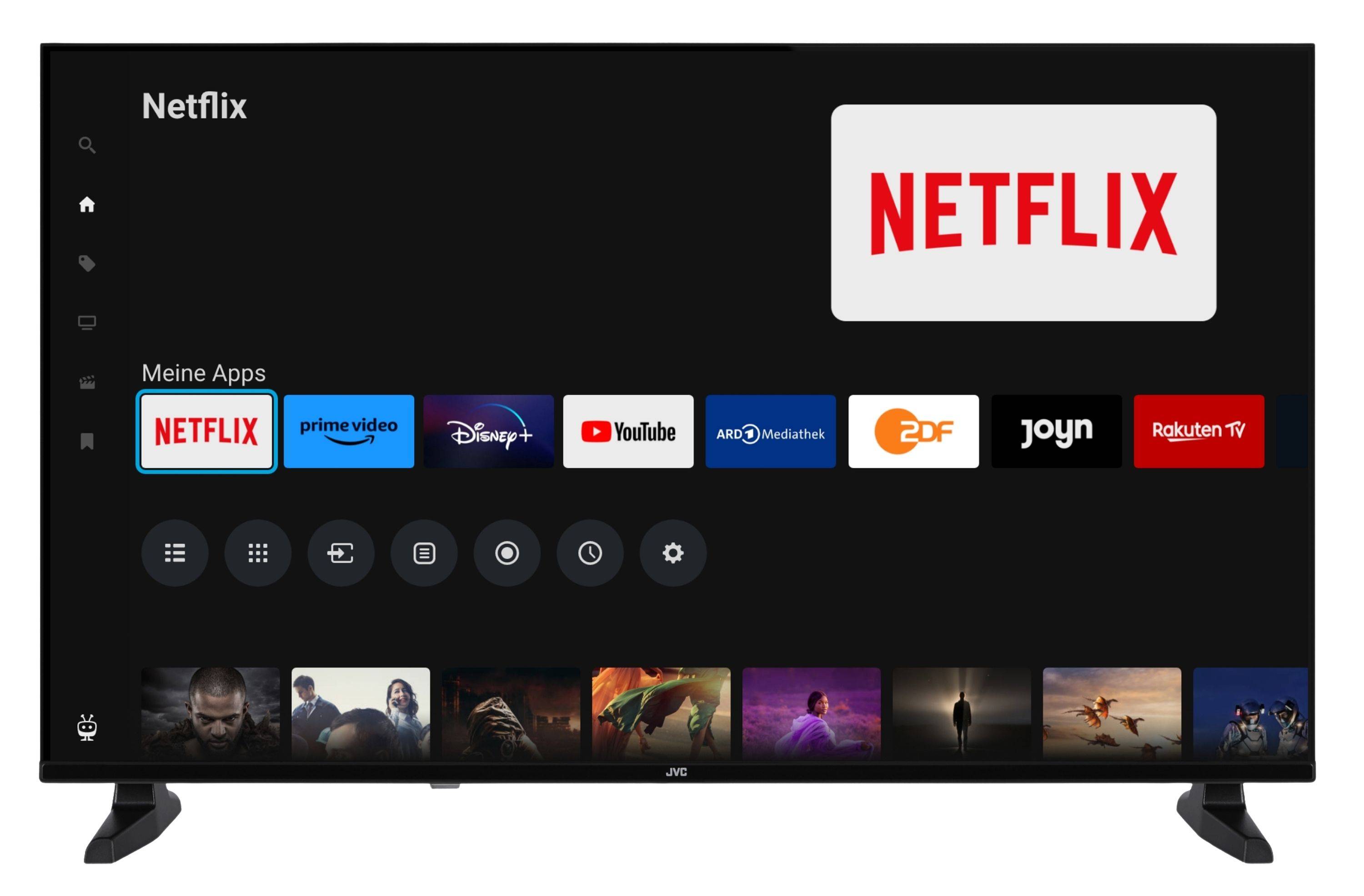 Ein Startbildschirm eines Fernsehers hebt die Netflix-App hervor, mit einem großen Netflix-Logo und einer Reihe von App-Kacheln einschließlich Prime Video, Disney+, YouTube, ARD Mediathek, ZDF, Joyn und Rakuten TV.