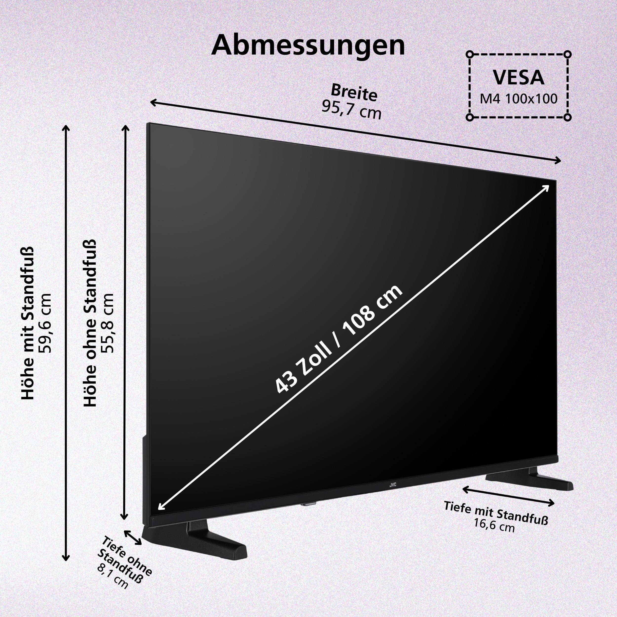 Größendiagramm eines 43-Zoll-Fernsehers: Breite 95,7 cm, Höhe 55,8 cm ohne Ständer oder 59,6 cm mit Ständer, Tiefe 8,1 cm ohne Ständer oder 16,6 cm mit Ständer, VESA M4 100x100.