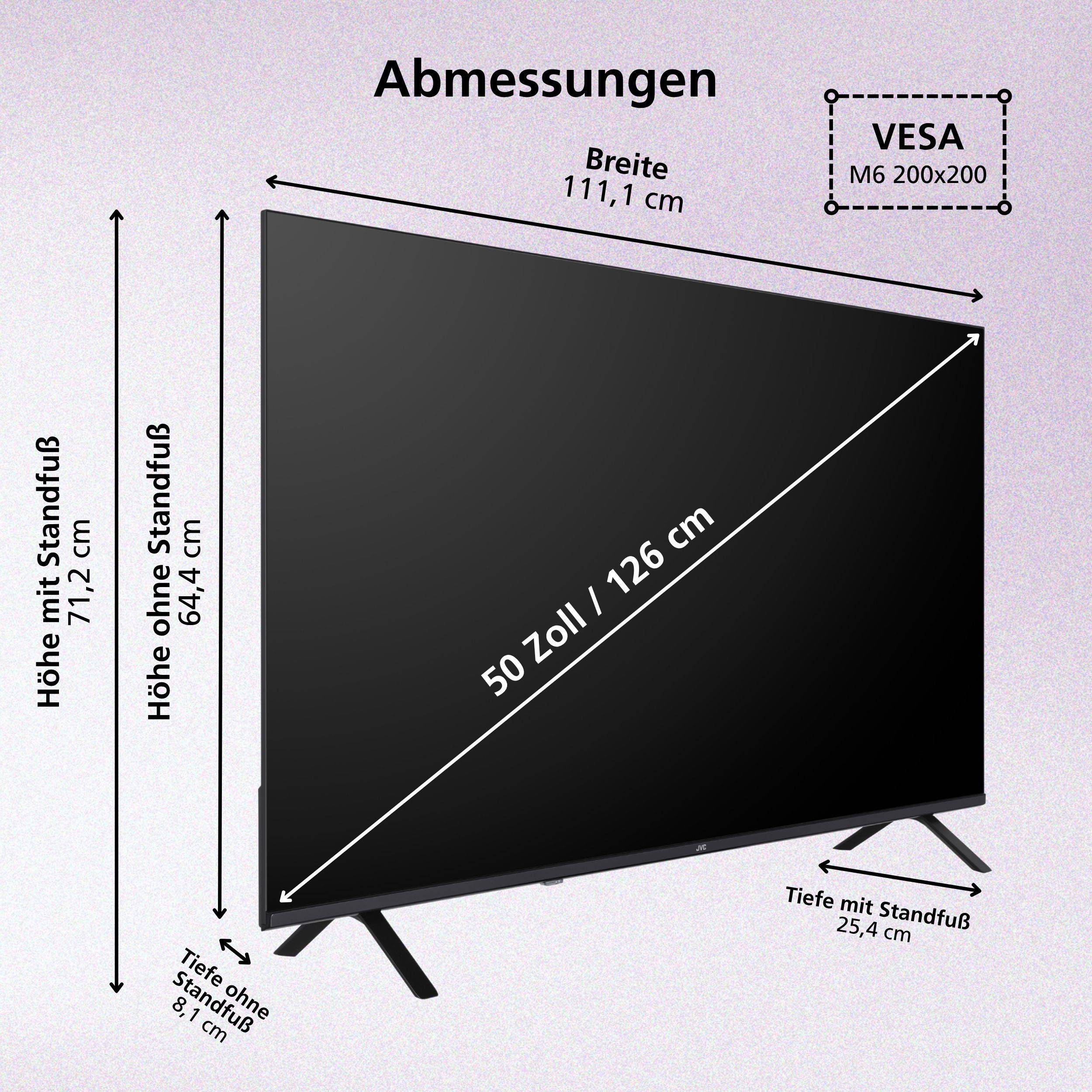 Dimensionsdiagramm eines 50-Zoll-Fernsehers mit einer Breite von 111,1 cm, einer Höhe von 64,4 cm ohne Ständer und 71,2 cm mit Ständer, einer Tiefe von 8,1 cm ohne Ständer und 25,4 cm mit Ständer, VESA M6 200x200.