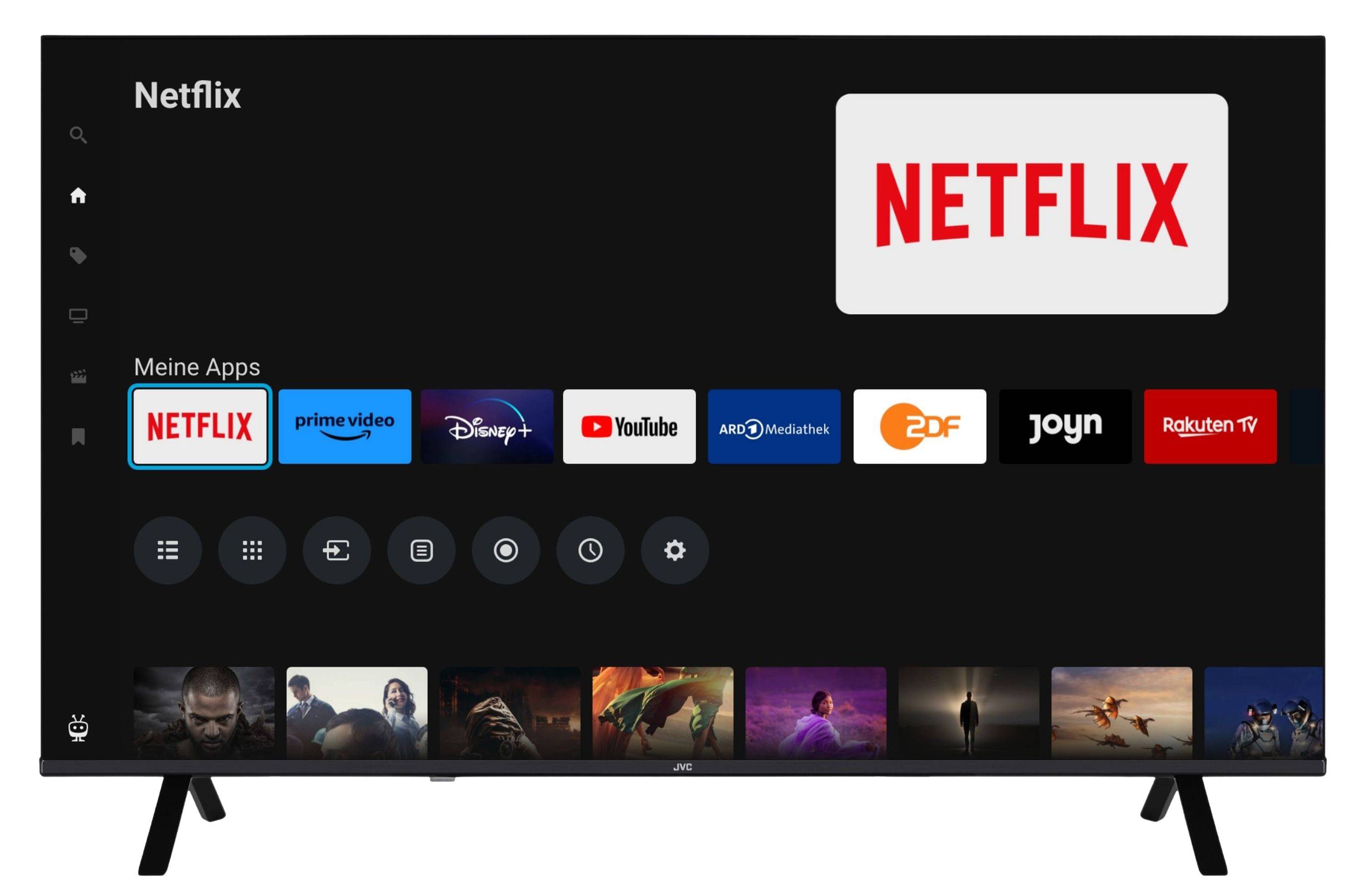 Smart-TV-Startbildschirm mit hervorgehobener Netflix-App; großes Netflix-Logo erscheint oben rechts und eine Reihe von Streaming-App-Symbolen wird darunter angezeigt.
