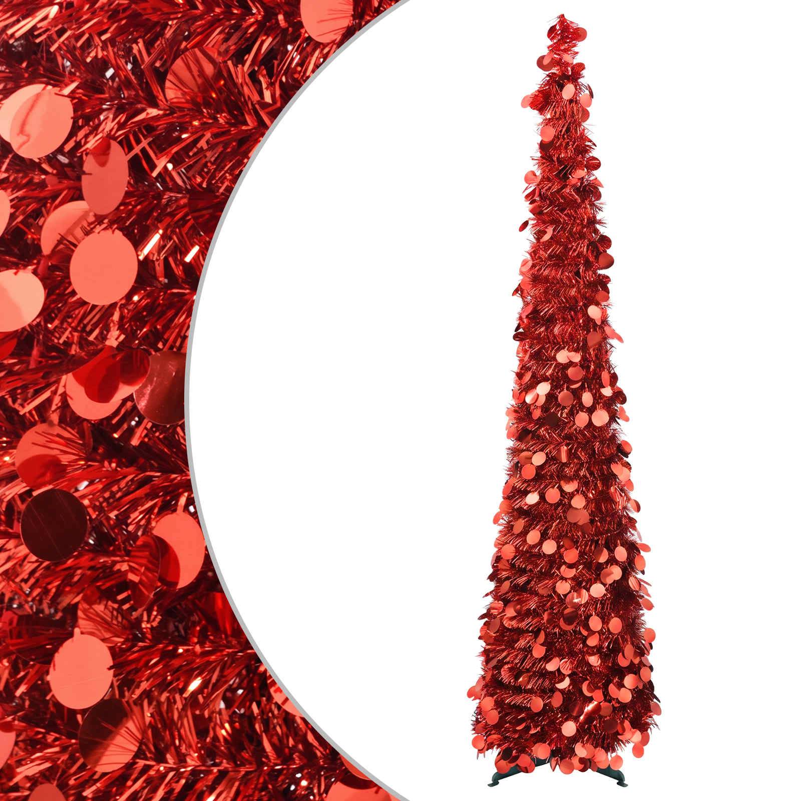 Roter Lamettakegel-Weihnachtsbaum mit Pailletten dekoriert, gezeigt neben einem nahaufnahmigen roten Glitteruntergrund.