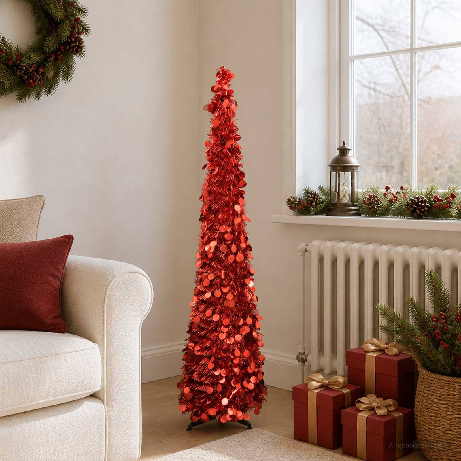 Hohe rote, kegelförmige Weihnachtsbaumdekoration neben einem Fenster, mit verpackten Geschenken und Weihnachtsgrün in einem gemütlichen Wohnzimmer.