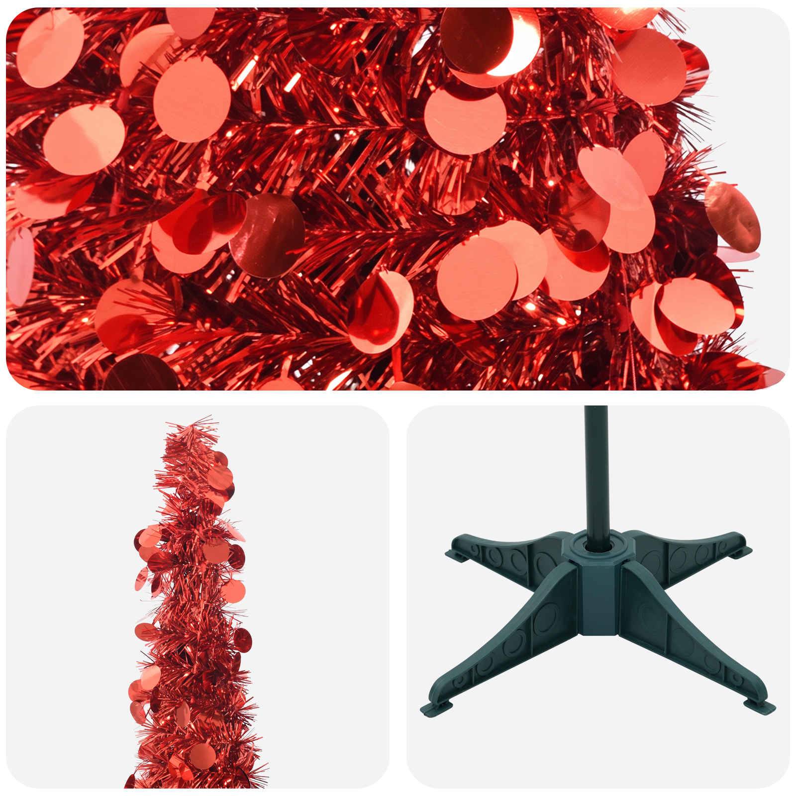 Collage eines roten Lametta-Weihnachtsbaums mit runden Kugeln, plus Nahaufnahme und der schwarze vierbeinige Ständer des Baums.