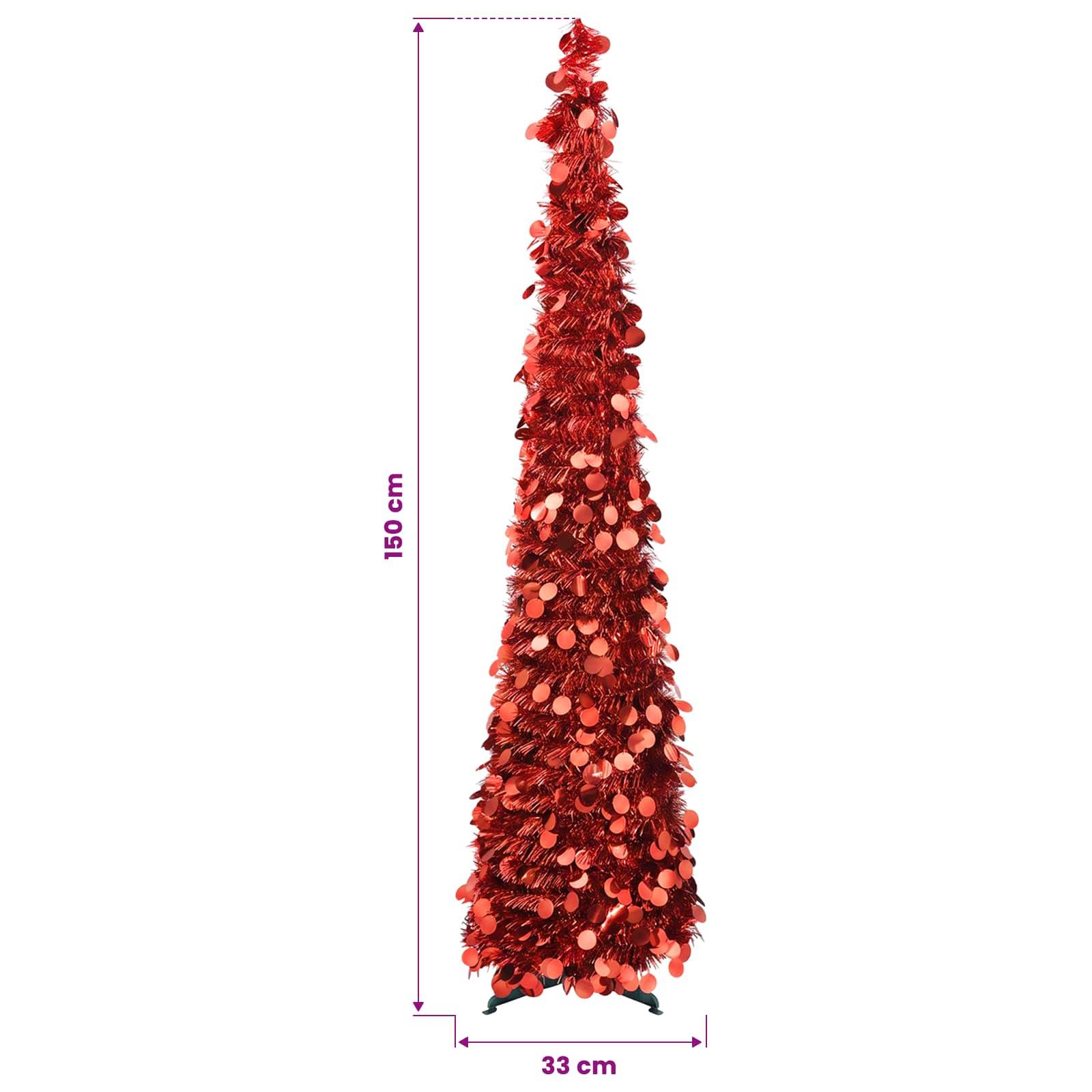 Roter kegelförmiger Dekobaum mit roten Pailletten, dargestellt mit den Abmessungen 150 cm hoch und 33 cm breit.