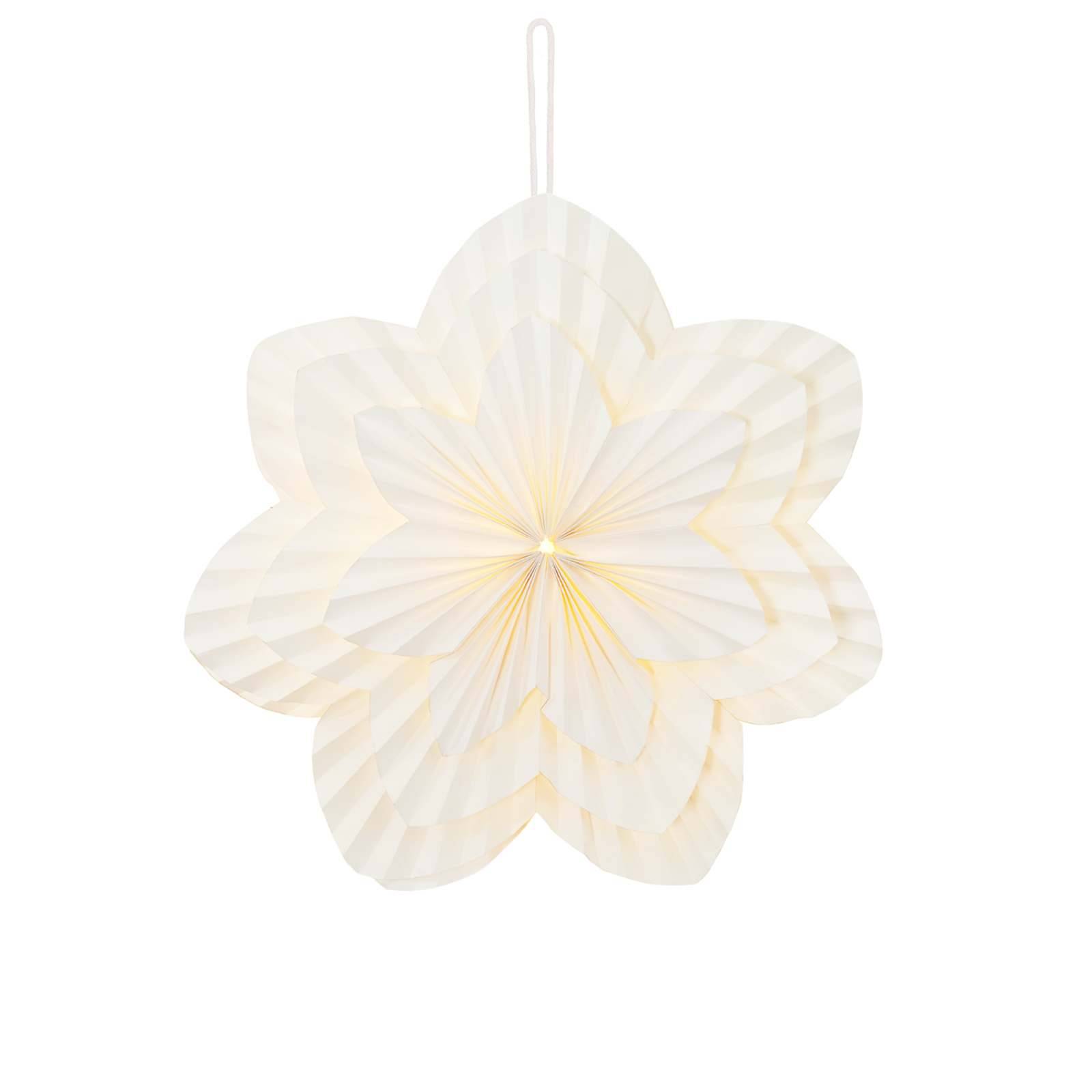 Weiße Blumenanhänger-Papierdekoration mit gestaffelten Blütenblättern an einer Schlaufenschnur, zentriert auf einem einfachen Hintergrund.