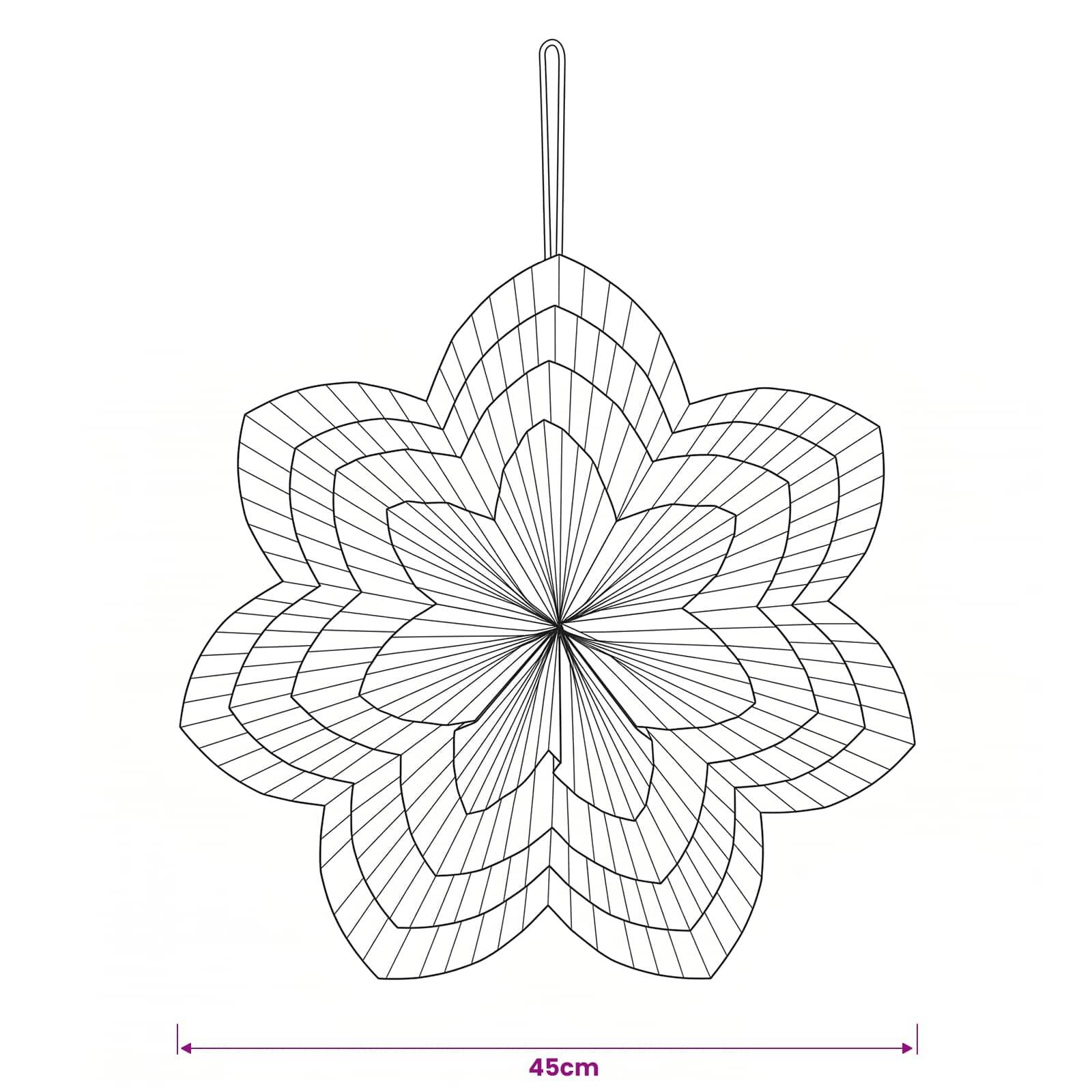 Schwarz-Linienzeichnung-Vorlage eines sechsblättrigen Blumenornaments mit Aufhängeschleife, unten mit 45 cm Breite gekennzeichnet.