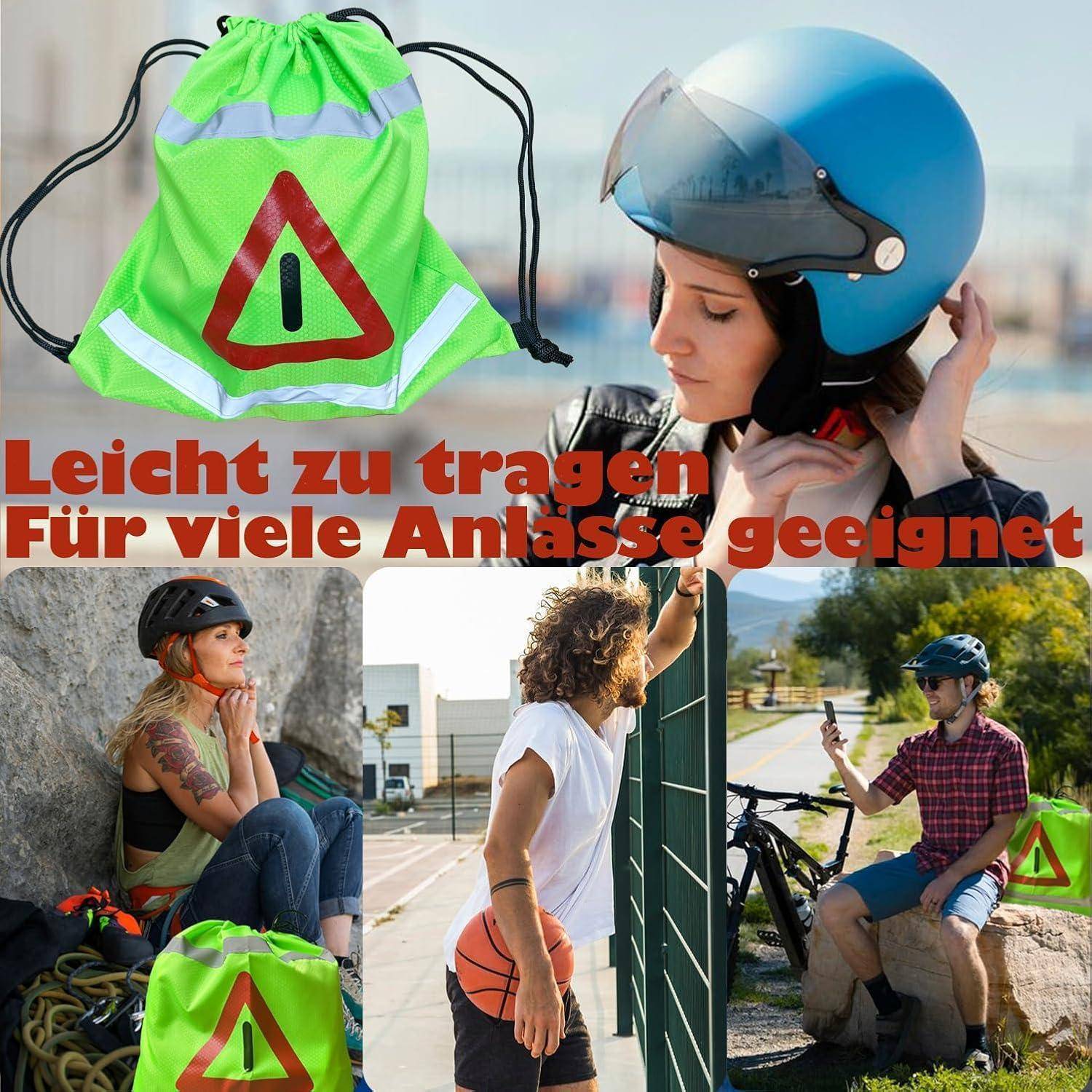 Werbecollage einer neongrünen Warnschnurzugbeutel und helmtragender Personen, die ihn zum Radfahren, Sport und Outdoor-Aktivitäten nutzen; der Text besagt „Leicht zu tragen Für viele Anlässe geeignet".