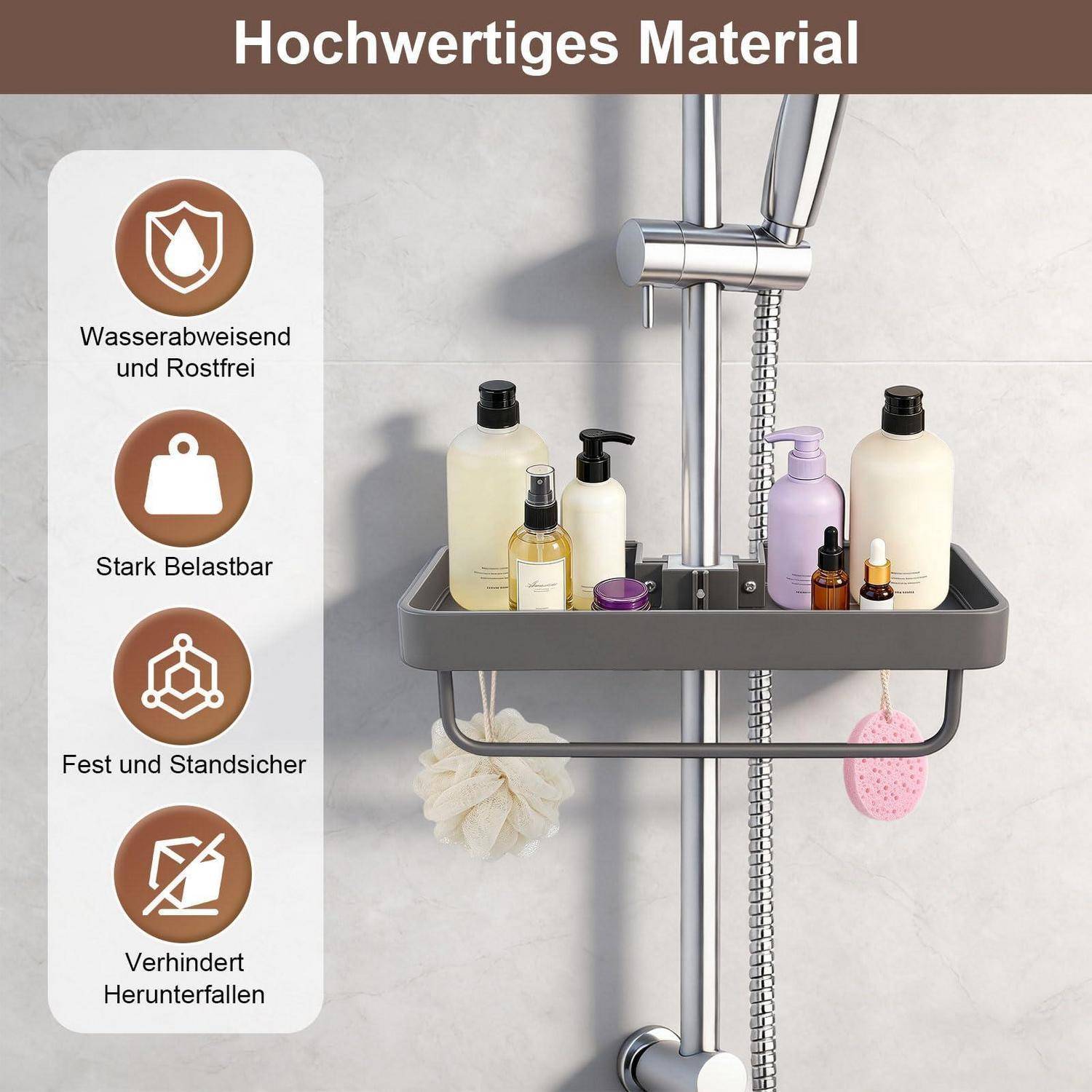Duschkorb mit Toilettenartikeln und deutschem Text "Hochwertiges Material"", wobei wasserdichte, rostfreie, starke, stabile und sturzverhindernd Eigenschaften hervorgehoben werden.