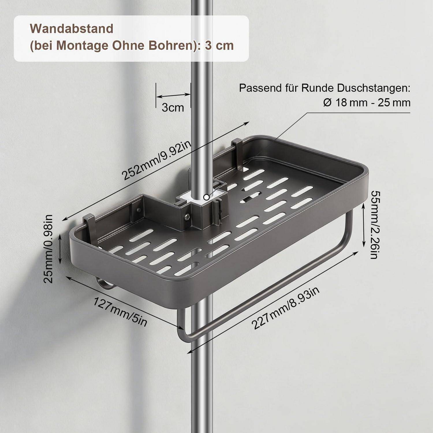 Duschregal, das auf einer runden Duschstange montiert ist, mit Größenangaben und Kompatibilität mit 18-25 mm Stangen; Wandabstand 3 cm.