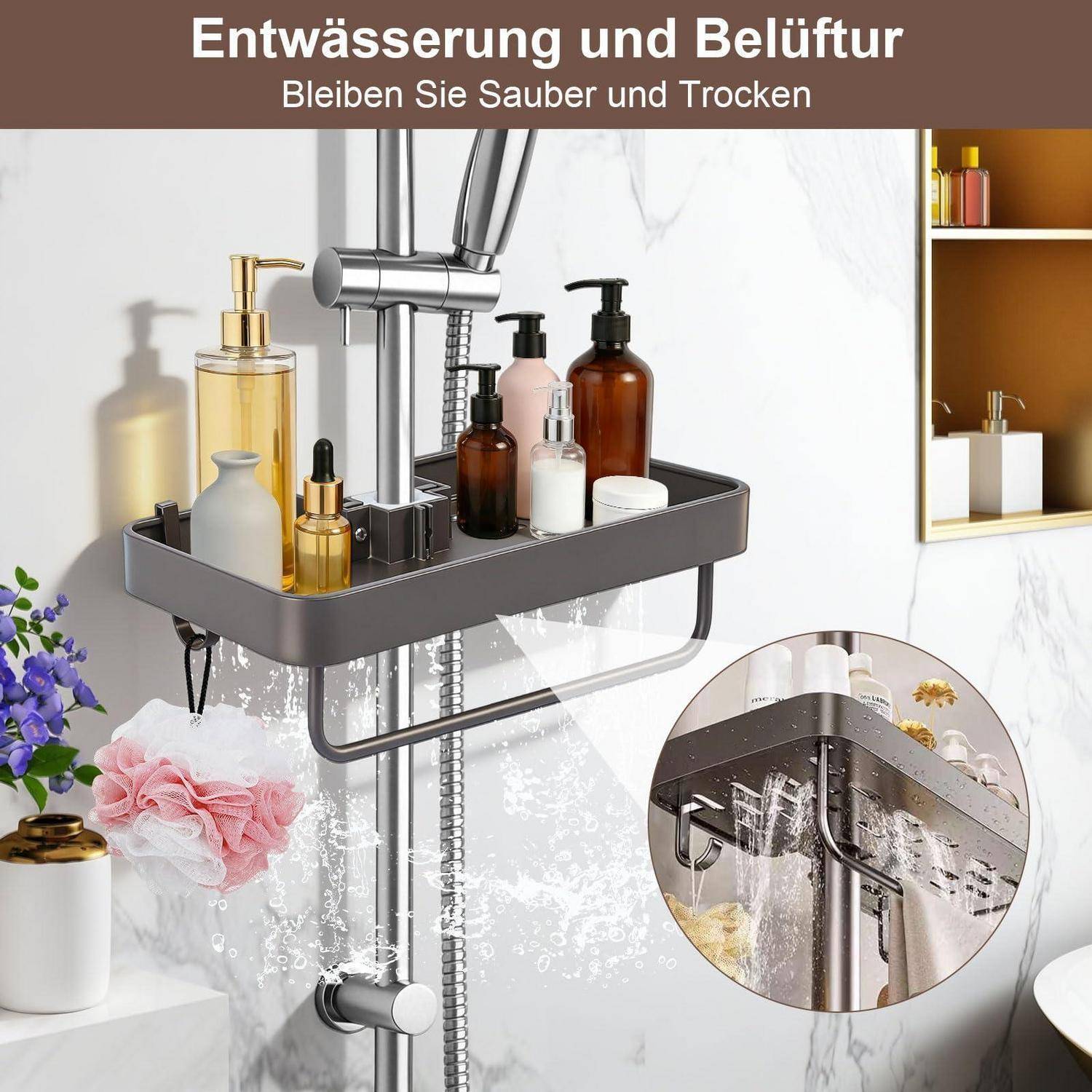Angebot für ein Duschregal mit „Entwässerung und Belüftung" und „Bleiben Sie sauber und trocken"", das ein Entwässerungs- und Belüftungsdesign zeigt, das Badeartikel trocken hält.
