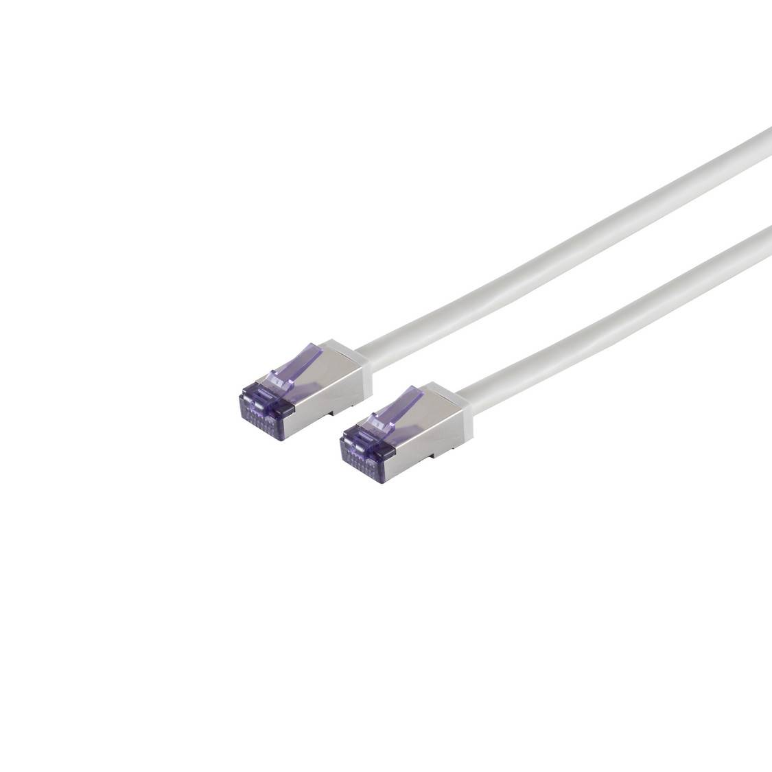 Zwei weiße Ethernet-Netzwerkkabel im Stil mit violetten Steckern auf einem einfachen Hintergrund.