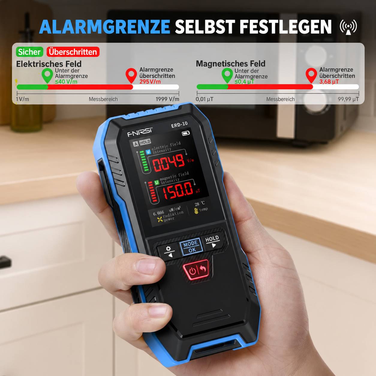 FNIRSI ERD-10 4-in-1 EMF-Messgerät für elektrische und magnetische Felder mit Farbdisplay