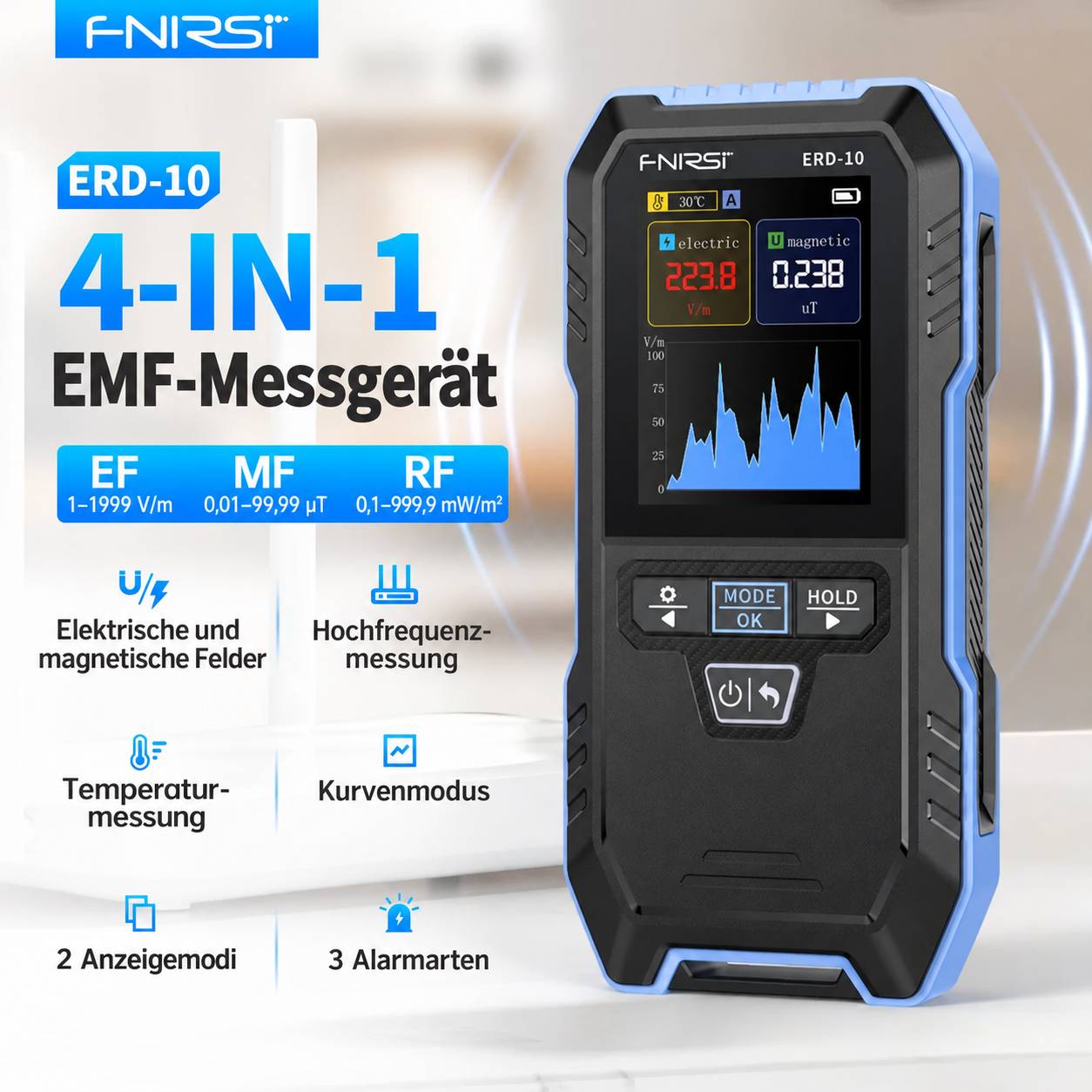 FNIRSI ERD-10 4-in-1 EMF-Messgerät für elektrische und magnetische Felder mit Farbdisplay