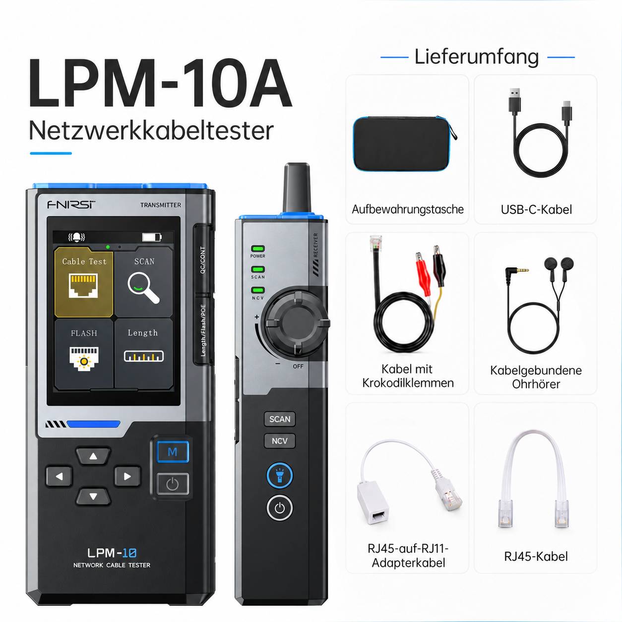 FNIRSI LPM-10A Netzwerkkabel-Tester und Leitungssucher mit PoE-Test und Farbdisplay