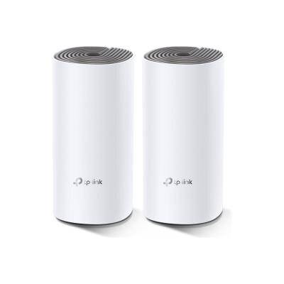 Zwei weiße zylindrische TP-Link Mesh-WLAN-Router nebeneinander auf weißem Hintergrund.