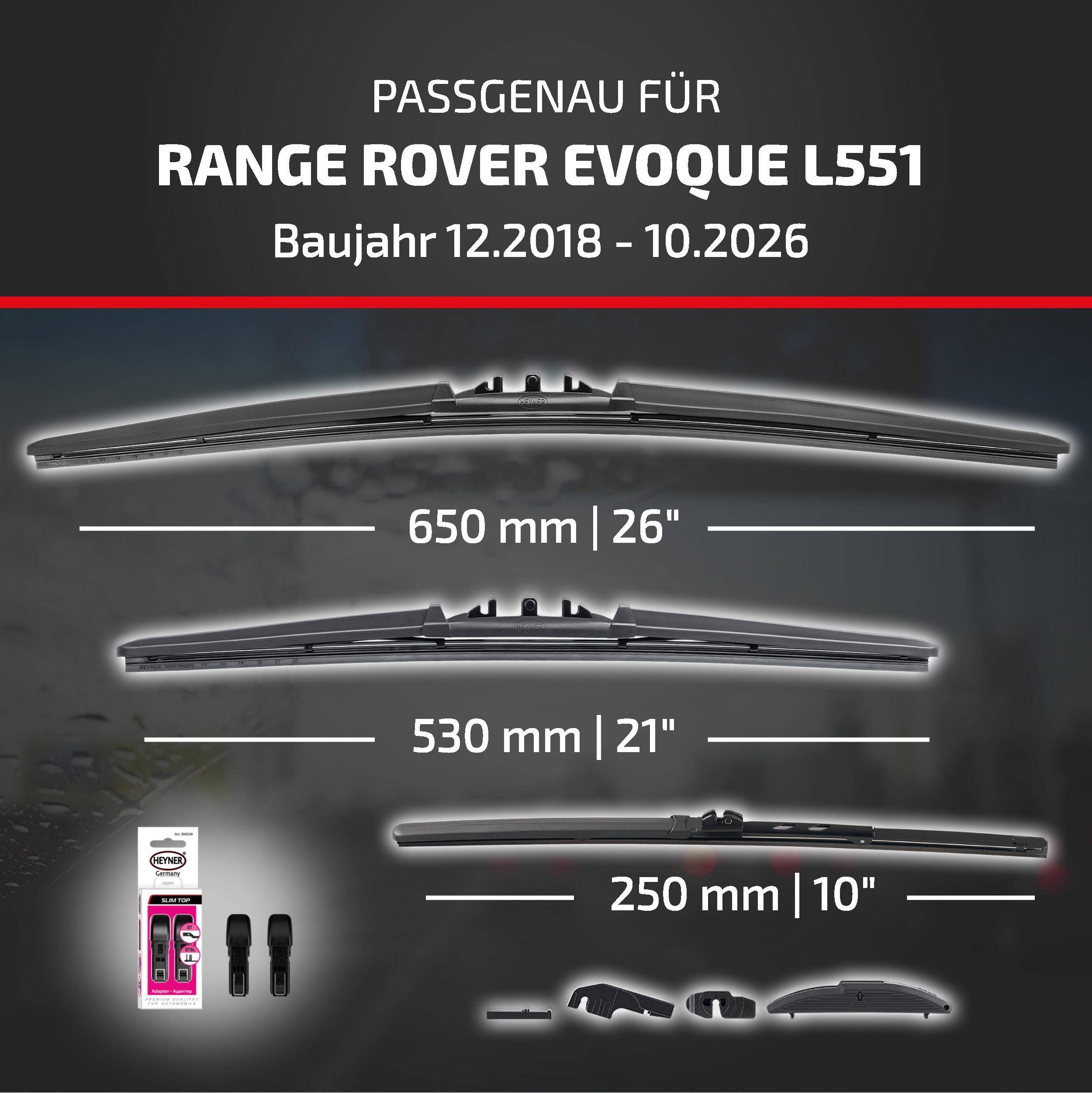 Kompatibilitätsgrafik für Range Rover Evoque L551, Modelljahre 12.2018-10.2026, zeigt drei Scheibenwischer-Größen: 650 mm, 530 mm und 250 mm, mit im Lieferumfang enthaltenen Steckverbinderadaptern.