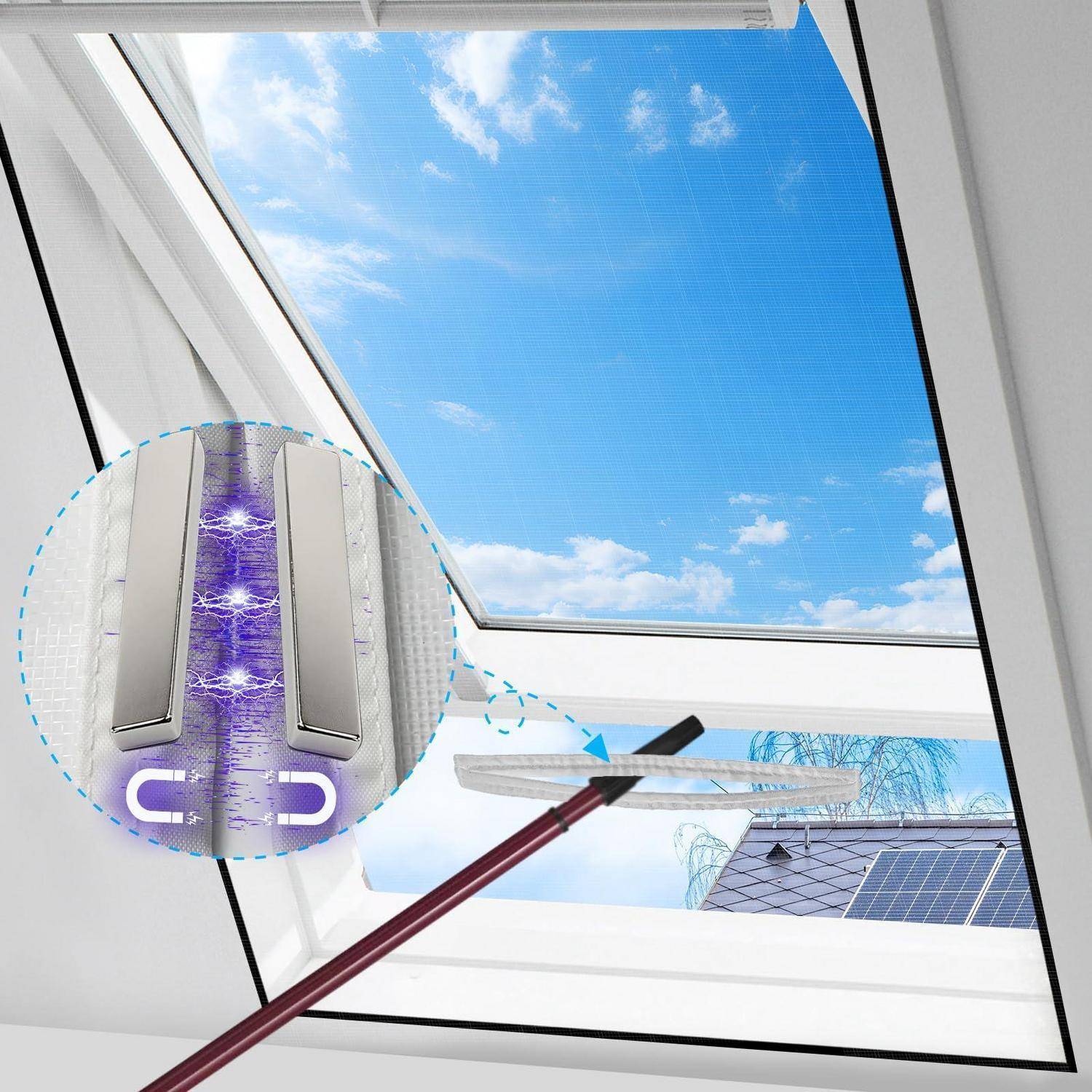 Velux-Dachfenster offen mit einer Reinigungsbürste; Ausschnitt zeigt UV-C-Desinfektionsleiste im Rahmen.