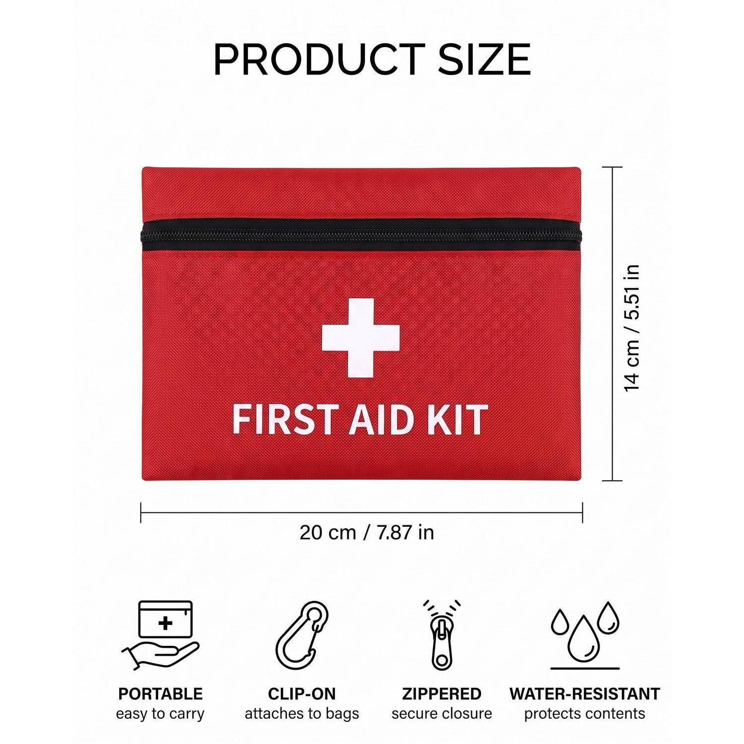 Rote Erste-Hilfe-Tasche mit weißem Kreuz und „FIRST AID KIT"-Etikett, gezeigt als 20 cm breit und 14 cm hoch; Symbole weisen auf tragbar, zum Anclipsen, Reißverschluss, wasserfest hin.