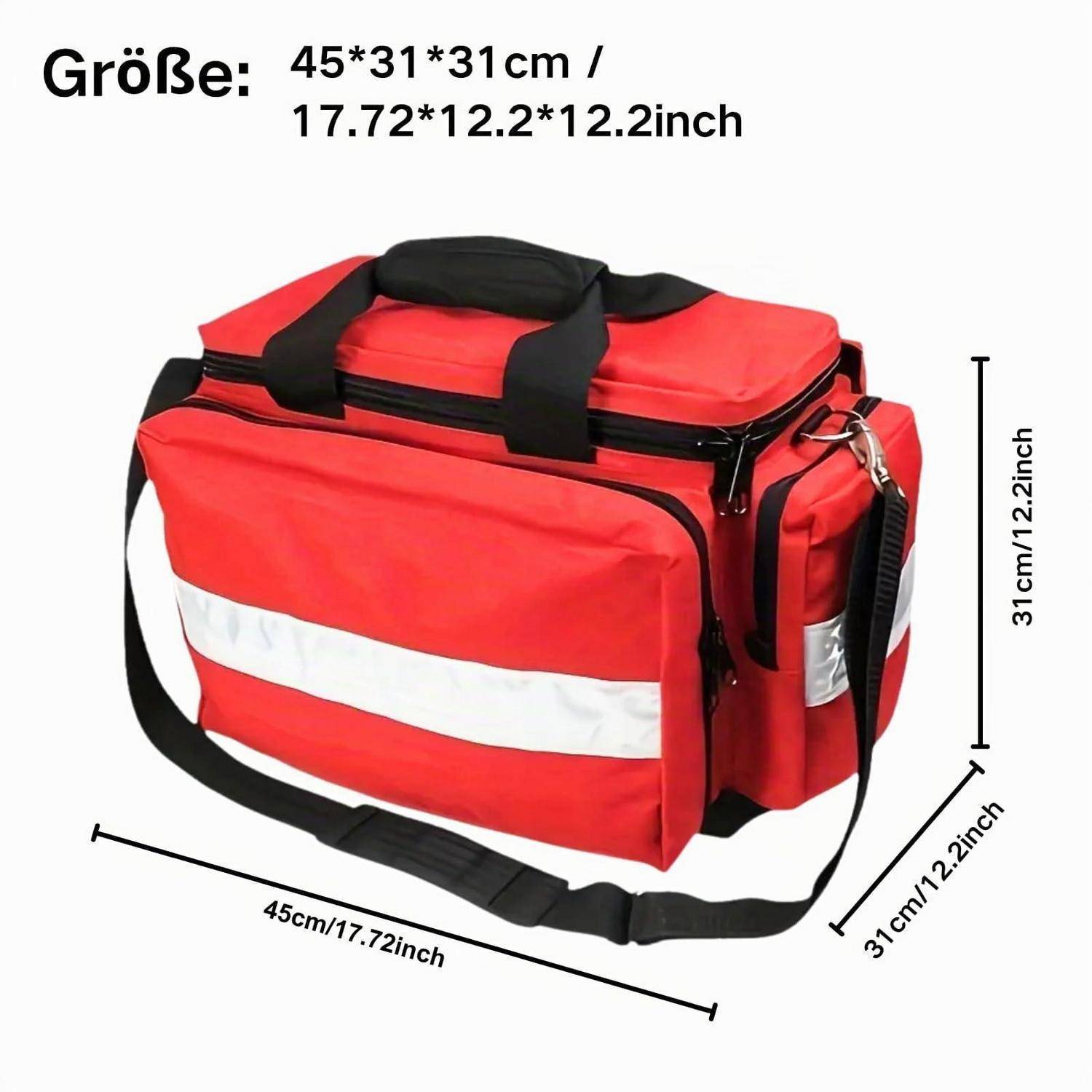 Rote isolierte rechteckige Liefertasche mit Schultergurt, gezeigt mit Größenangaben 45 x 31 x 31 cm und 17,72 x 12,2 x 12,2 Zoll.