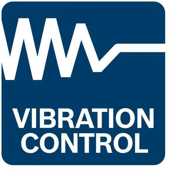 Blaues quadratisches Schild mit einem weißen Wellenformgrafik über den Wörtern „VIBRATION CONTROL".