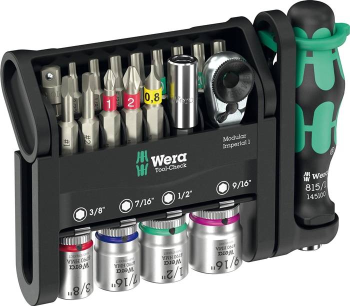 Wera Tool-Check Modular Imperial Bit- und Stecknussset 1/4-Zoll mit Ratsche und Schraubendrehergriff in einem kompakten schwarzen Koffer.