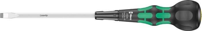 Flachkopfschraubendreher mit schwarzgrünem ergonomischem Griff und langem verchromtem Schaft, in Seitenansicht dargestellt.