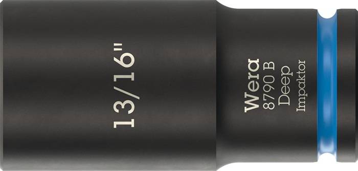 Nahaufnahme einer schwarzen Wera 13/16-Zoll-Schlagschraubernuss mit blauem Ring und gedruckten Größen- und Modellmarkierungen.