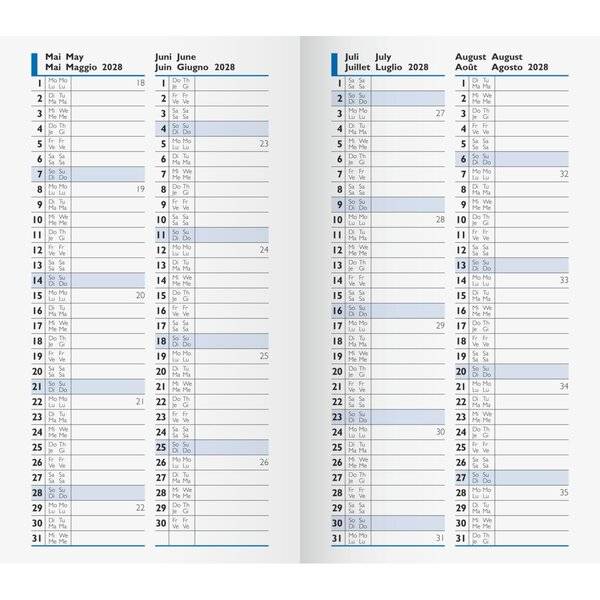 Ein 4-Monats-Wandkalender für Mai bis August 2028 mit Daten in vier Spalten, schattierten Wochenzeilen und mehrsprachigen Wochentag-Bezeichnungen.