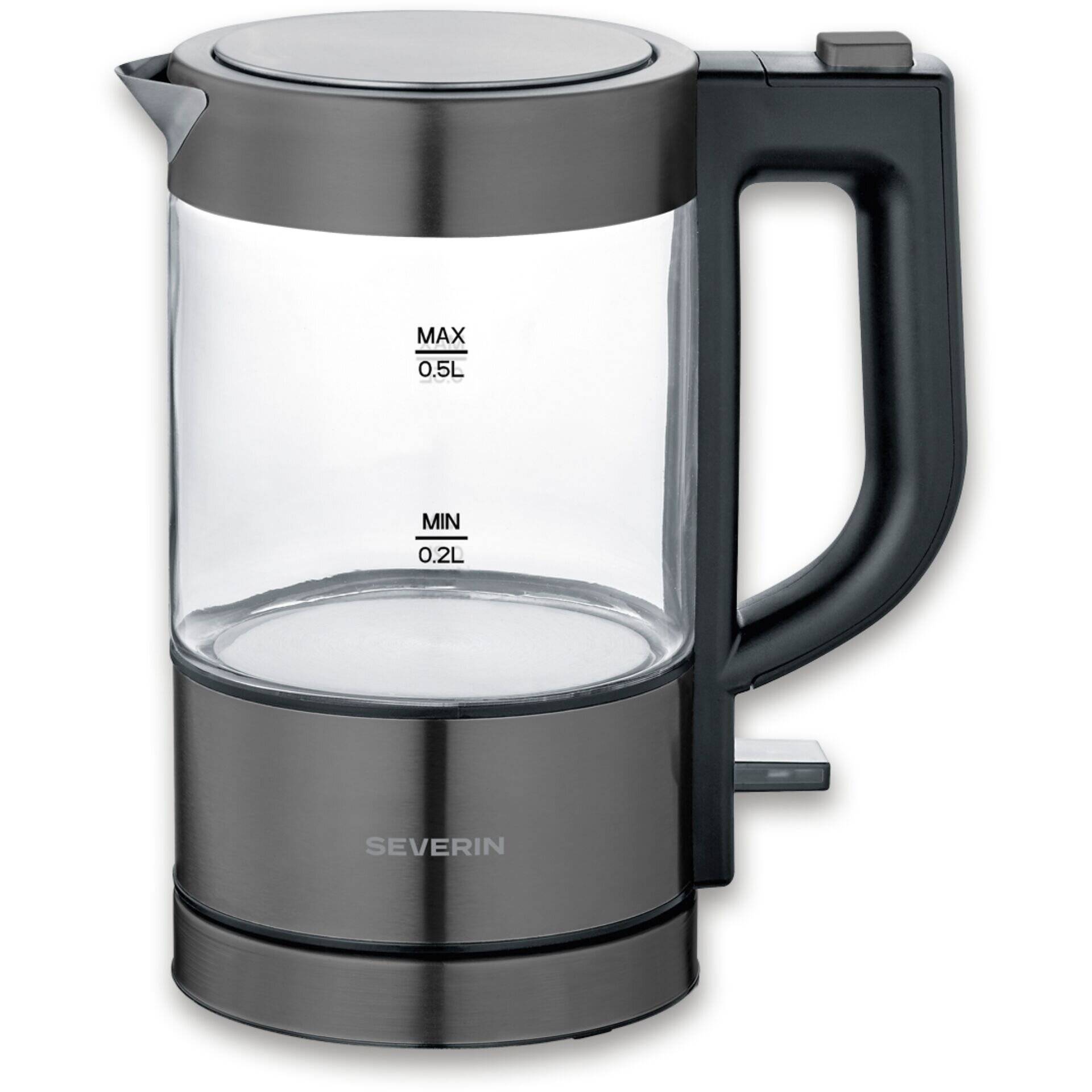 Edelstahl-Elektrokessel mit schwarzem Griff und transparentem Wasserfenster, gekennzeichnet mit MIN 0,2L und MAX 0,5L.