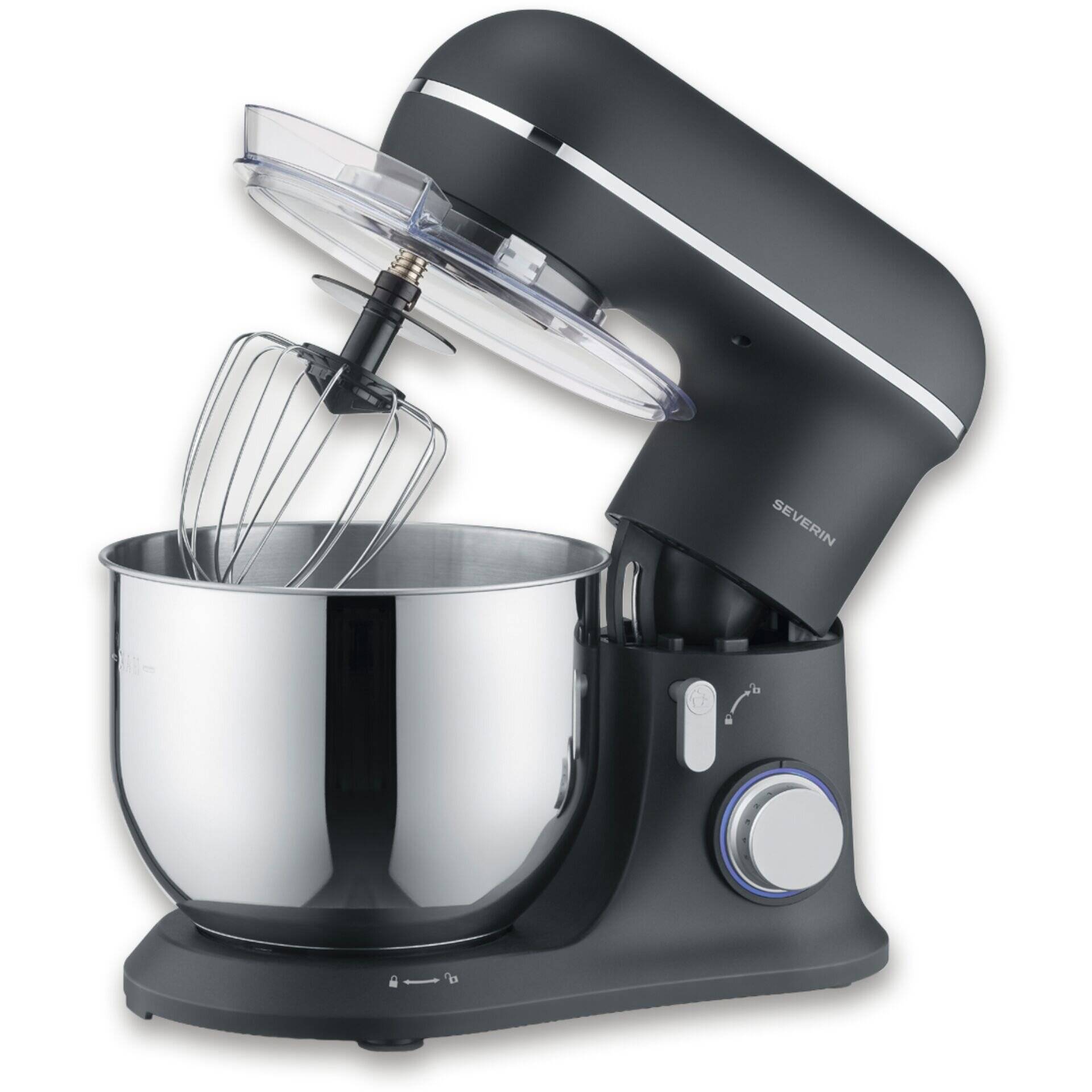 Schwarzer Standmixer mit Edelstahlschüssel, Drahtquirl-Aufsatz und transparentem Spritzschutz