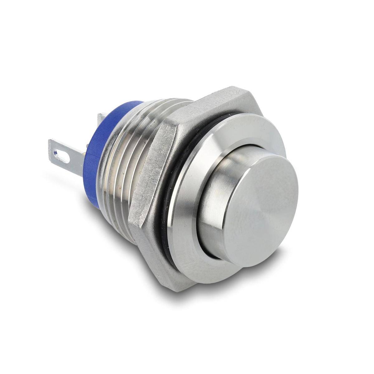 Metallischer Druckknopfschalter mit Gewindgegehäuse und blauem Isolierring, gezeigt auf weißem Hintergrund.