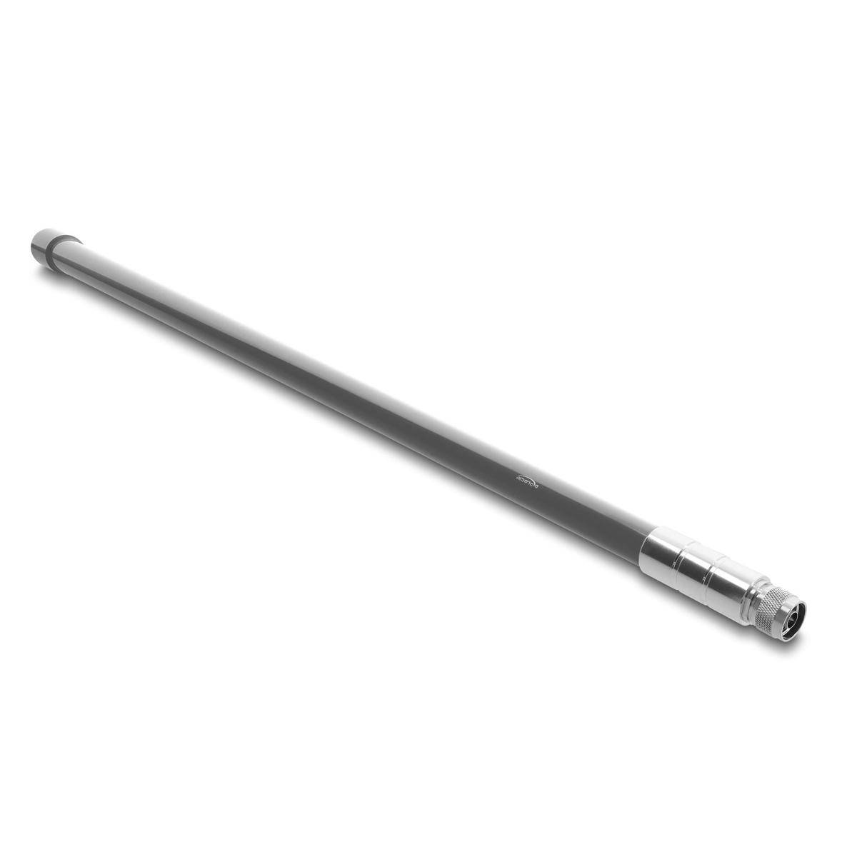 Ein metallischer ausziehbarer Antennenstab auf weißem Hintergrund, diagonal dargestellt.