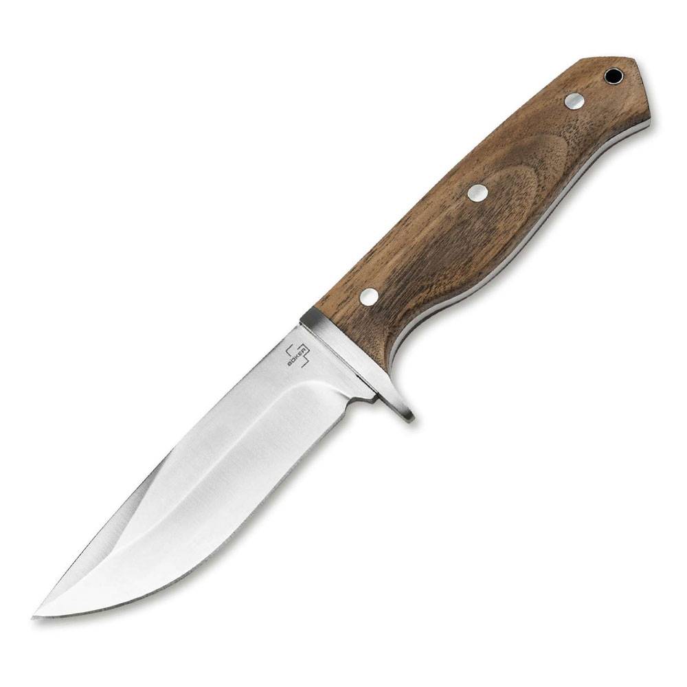 Ein Jagdmesser mit feststehender Klinge, silberner Klinge und Griff mit Holzmaserung auf weißem Hintergrund.