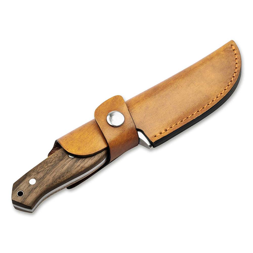 Feststehlendes Messer in einer beige Lederummantelung, auf weißem Hintergrund abgebildet.