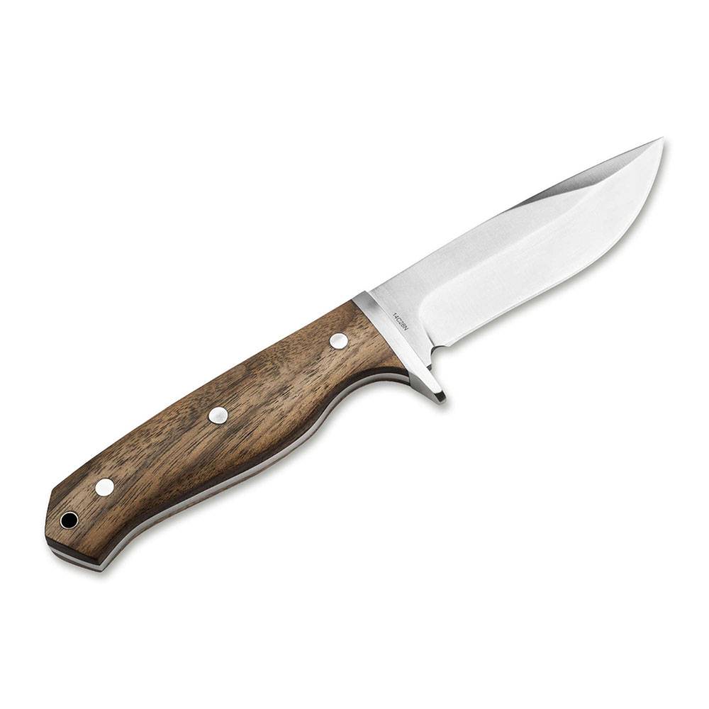 Jagdmesser mit feststehender Klinge aus Edelstahl und braunem Holzgriff auf weißem Hintergrund.