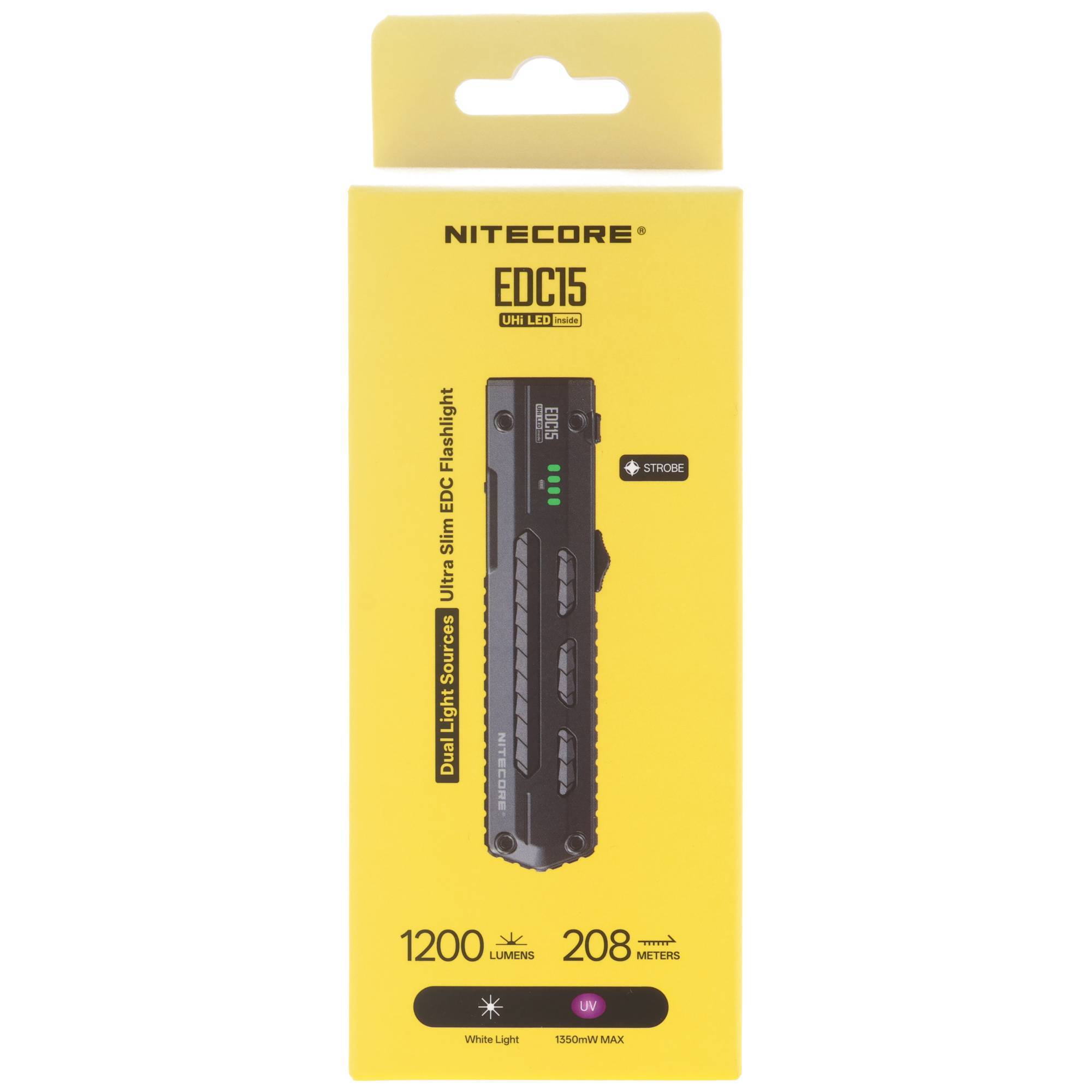 Gelbes Nitecore EDC15 Taschenlampen-Paket mit der kompakten Dual-Light USB-C wiederaufladbaren EDC-Taschenlampe, mit 1200 Lumen und 208 Meter Reichweite auf der Schachtel gedruckt.
