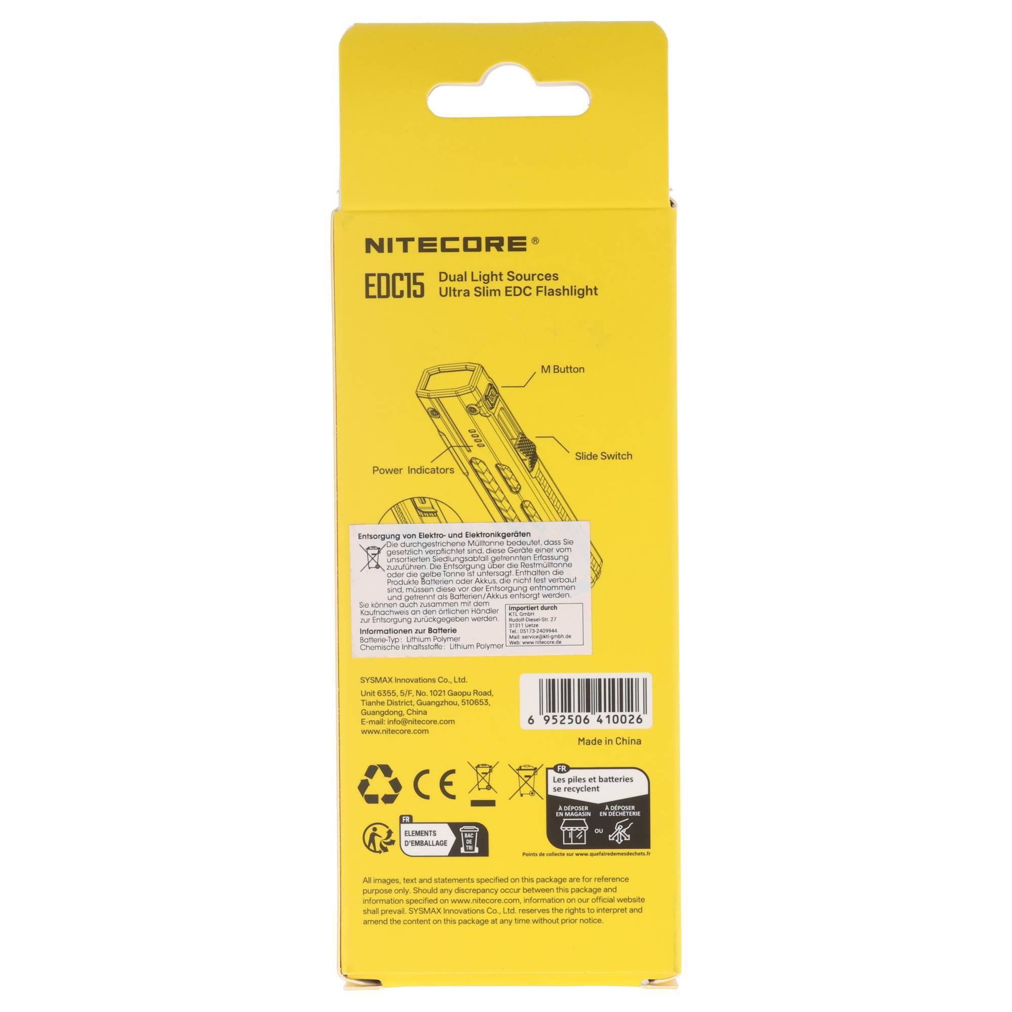 Rückseite der gelben NITECORE EDC15-Taschenlampen-Verpackung mit Produktabbildung, Funktionsetiketten, Barcode und mehrsprachigen Sicherheitsinformationen.