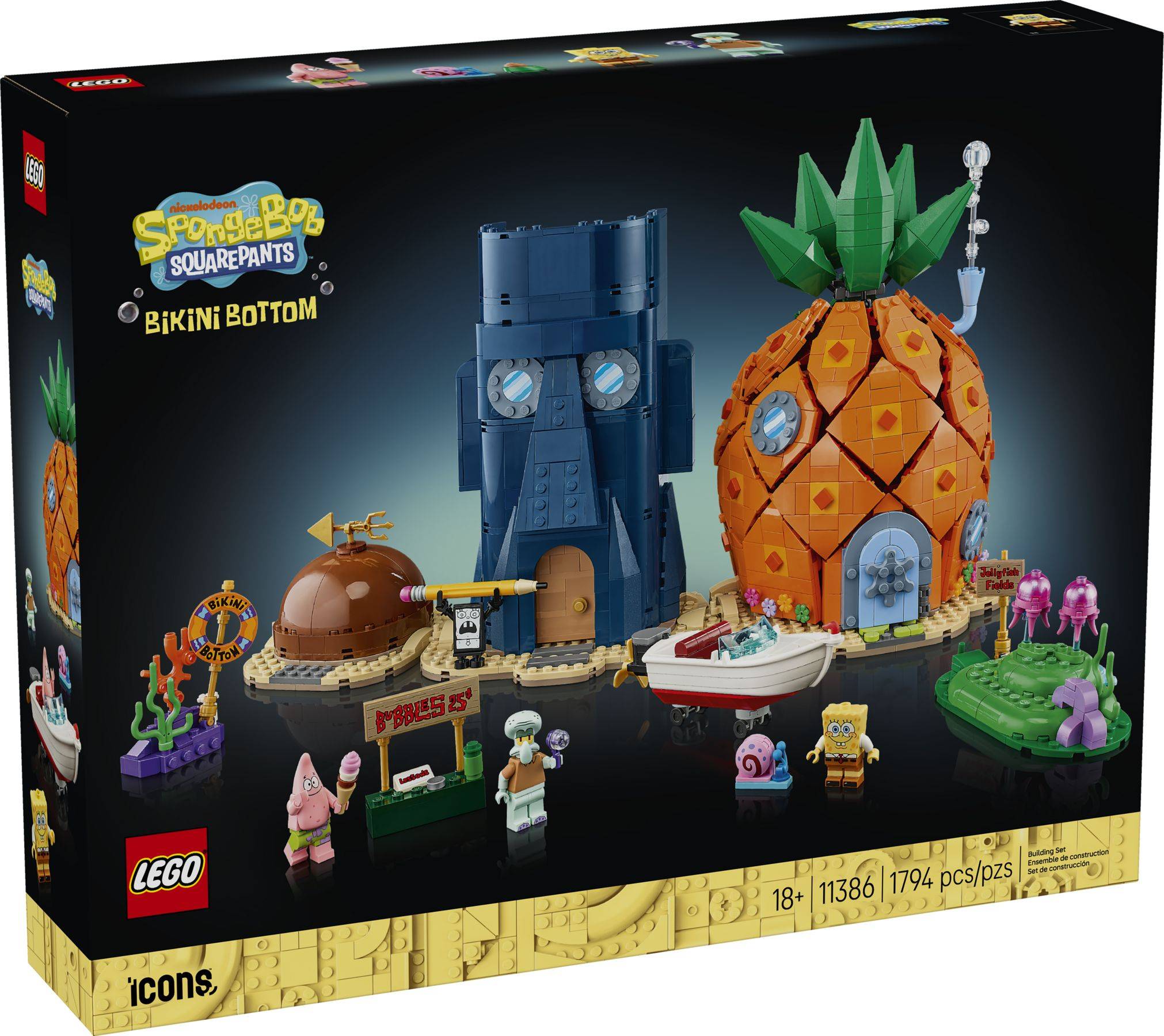 LEGO SpongeBob Schwammkopf Bikini Bottom Baukasten mit Darstellung von Squidwards Haus, SpongeBobs Ananashaus und nahegelegenen baubaren Figuren und Zubehör.