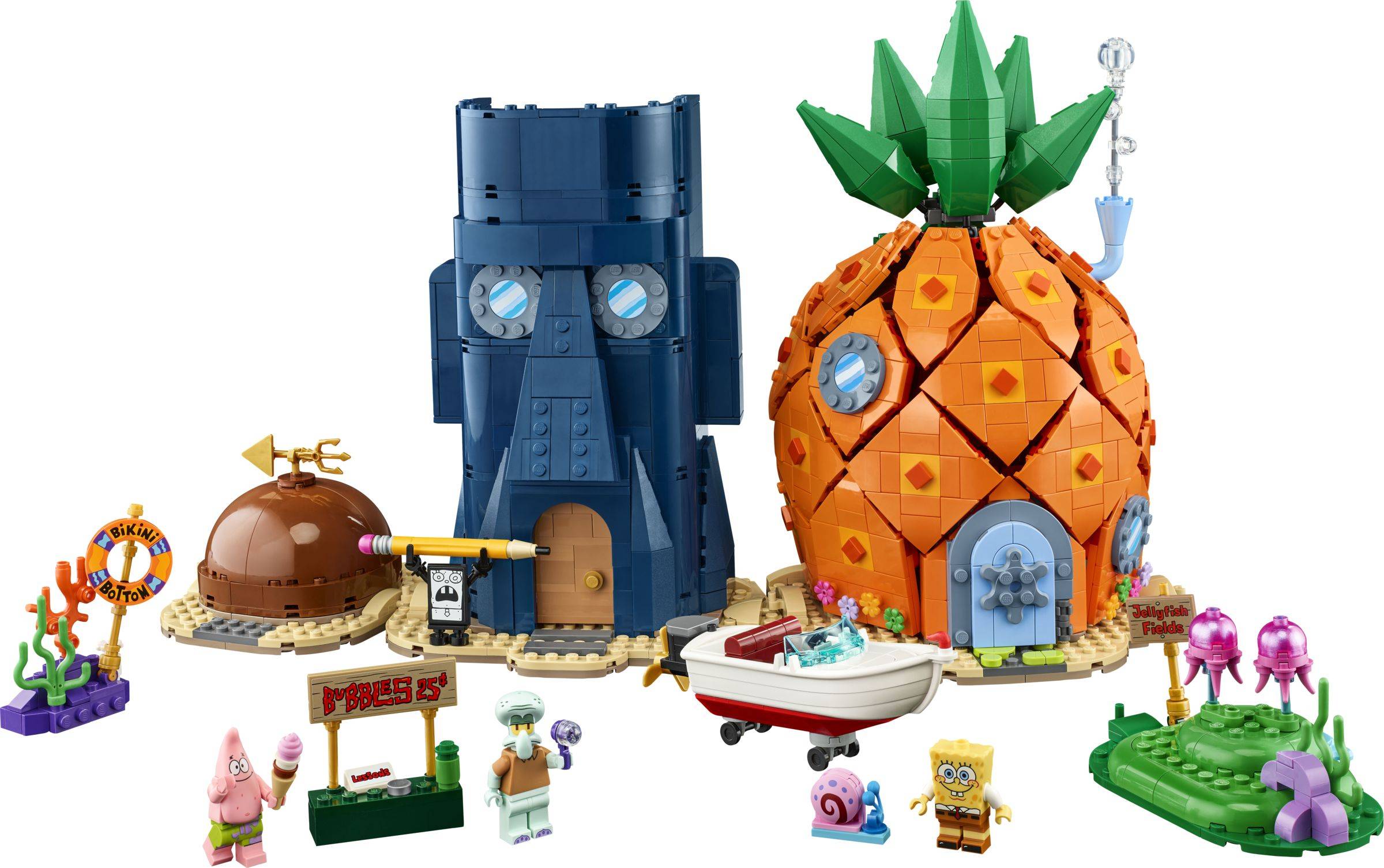 SpongeBob Schwammkopf LEGO-Set mit SpongeBobs Ananashaus, Squidwards Moai-Haus, Gary und mehreren Minifiguren sowie kleinen Zubehörteilen.