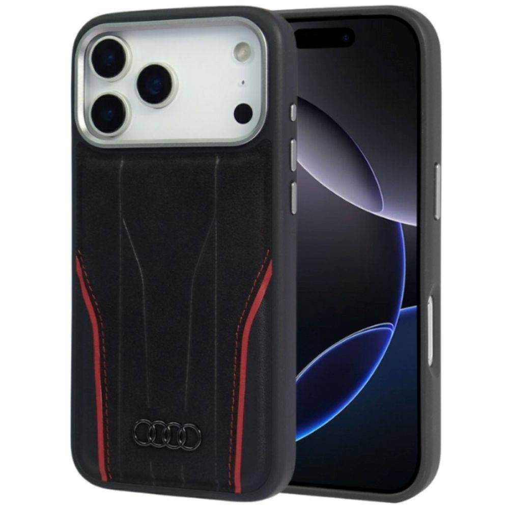 Audi R8 Hülle iPhone 17 Pro/18 Pro MagSafe Echtleder schwarz Logo