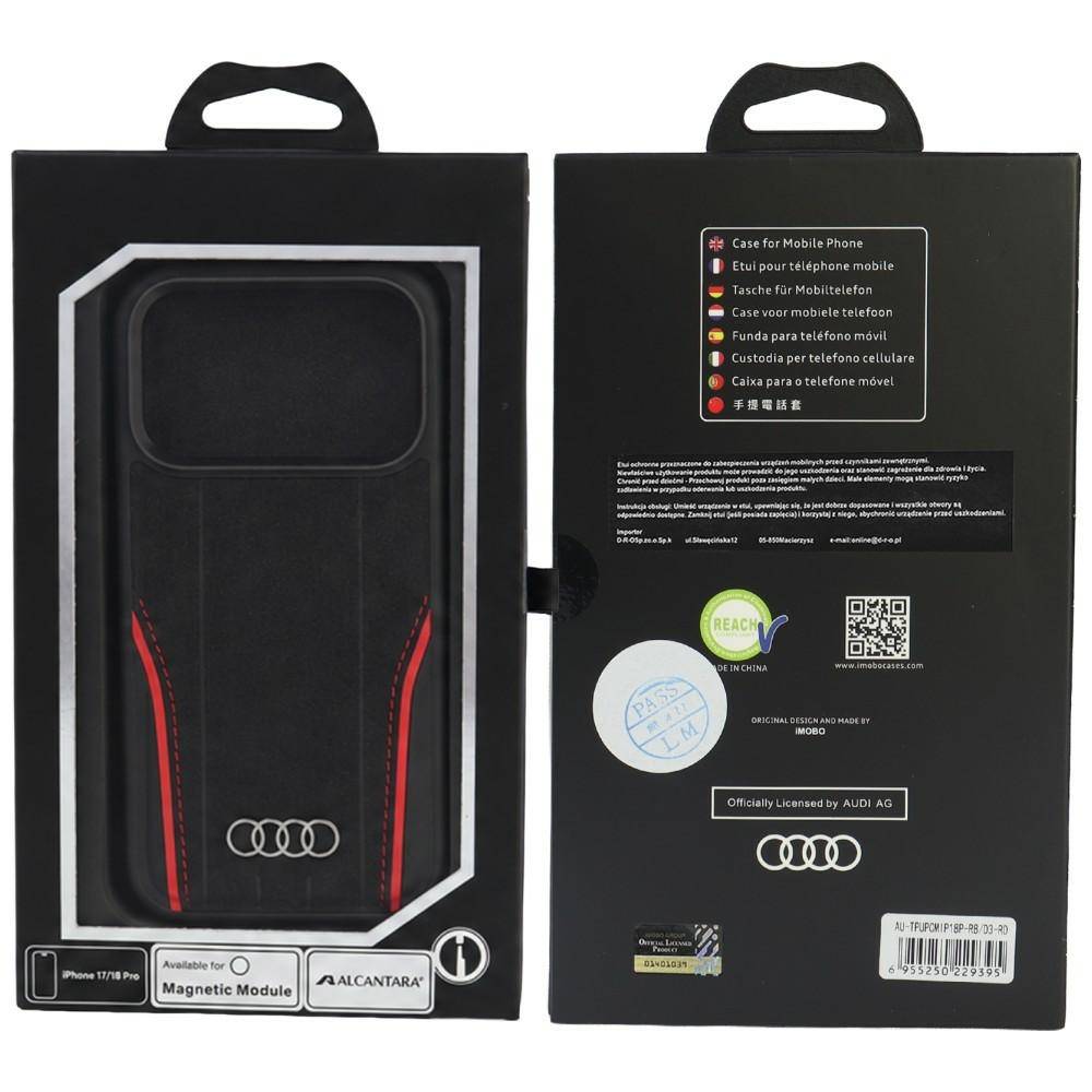 Audi R8 Hülle iPhone 17 Pro/18 Pro MagSafe Echtleder schwarz Logo
